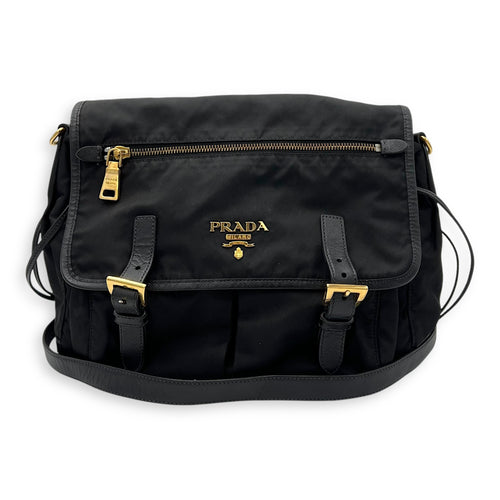 Prada Logo Messenger Black in Nylon, Gold hardware_10