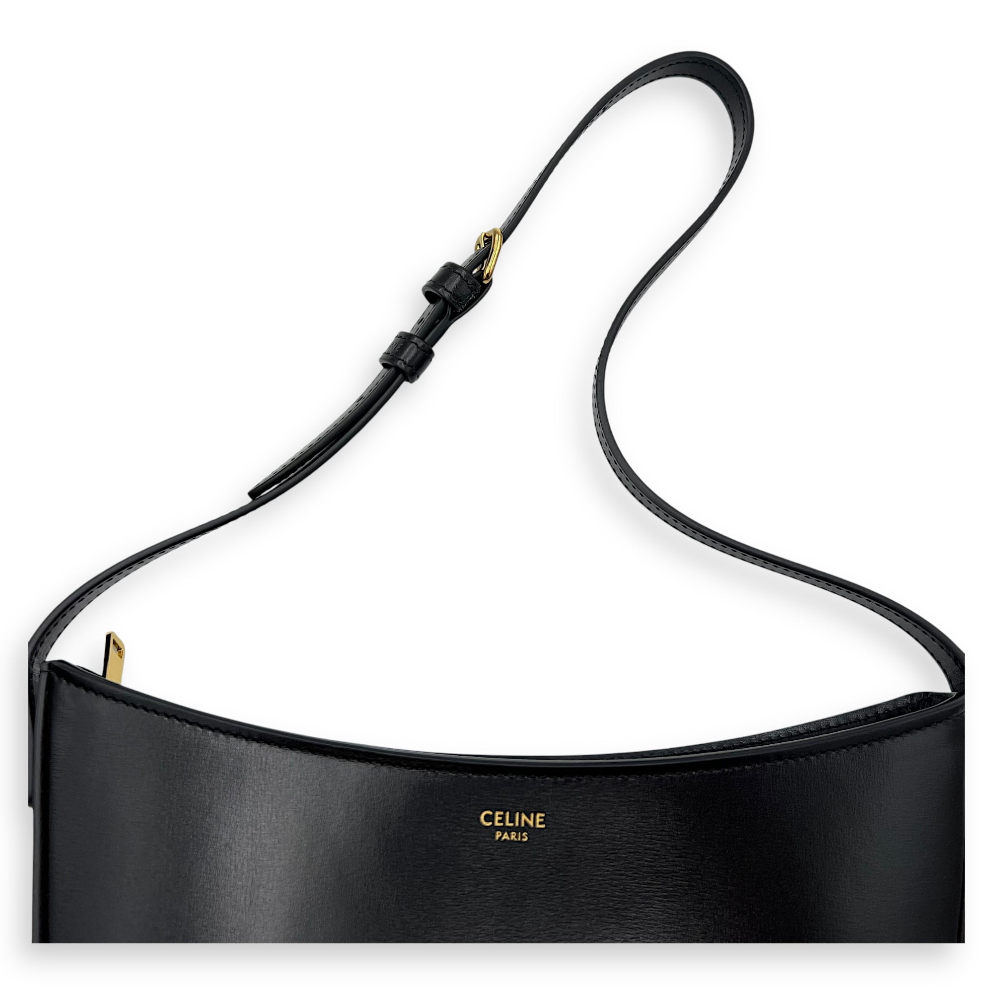 Celine Croque Medium Black Shoulder Bag in Calfskin, Gold hardware_10