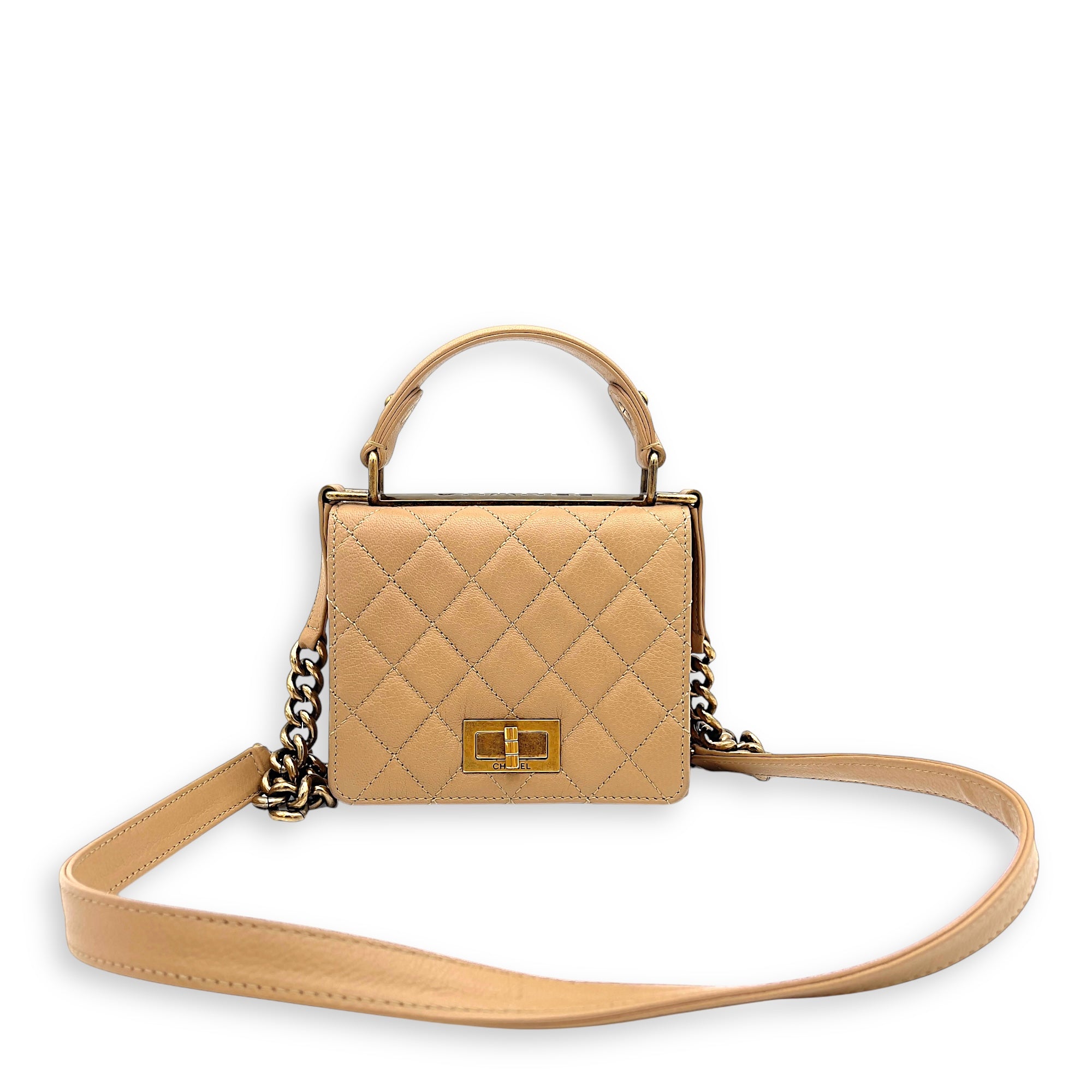 Chanel Rita Top Handle Bag Brown in Calfskin, Gold hardware_10