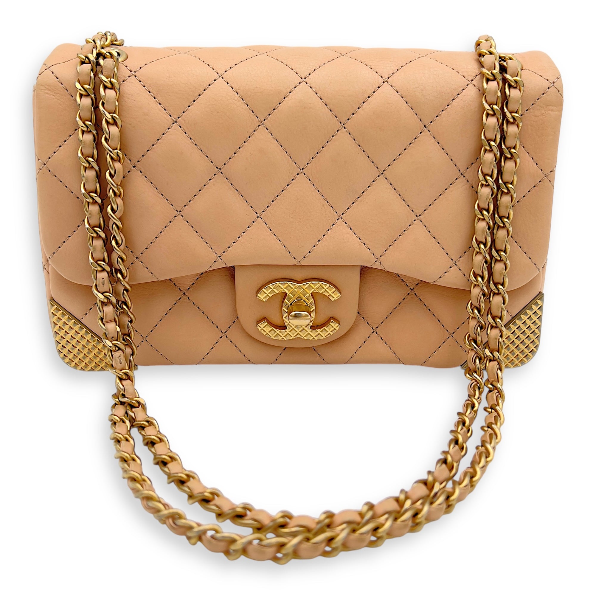 Chanel Mini Rectangle Shoulder Bag Beige in Lambskin, Gold hardware_10