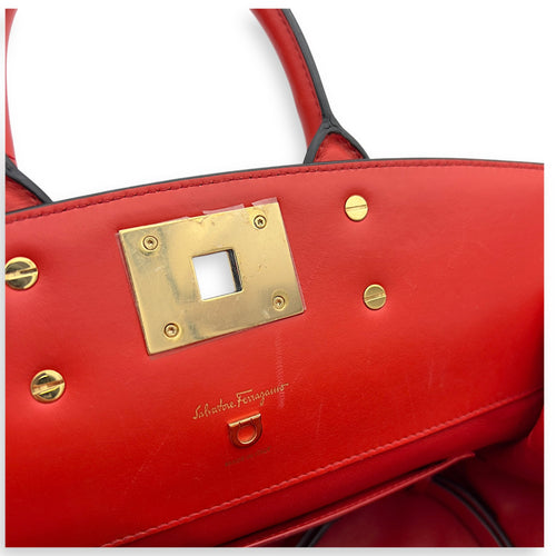 Salvatore Ferragamo Studio Red Top Handle Bag in Calfskin, Gold hardware_8