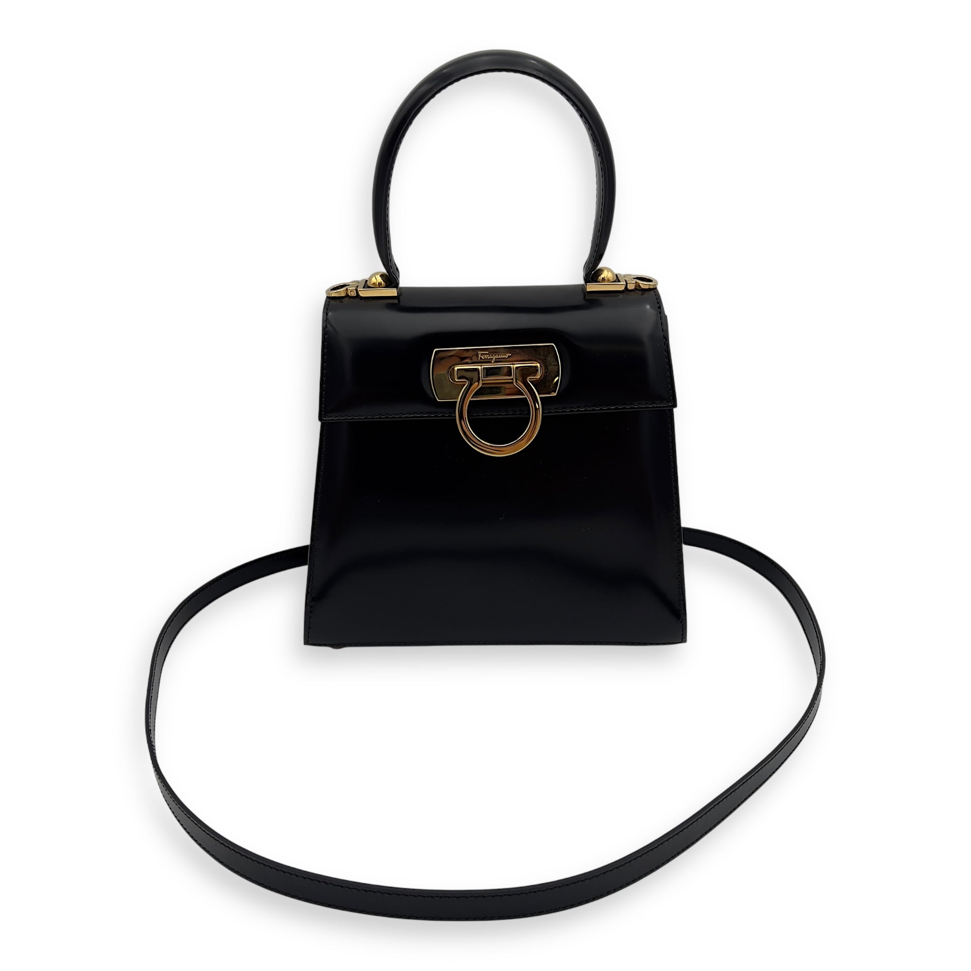 Salvatore Ferragamo Logo Top Handle Bag Black in Calfskin, Gold hardware_10