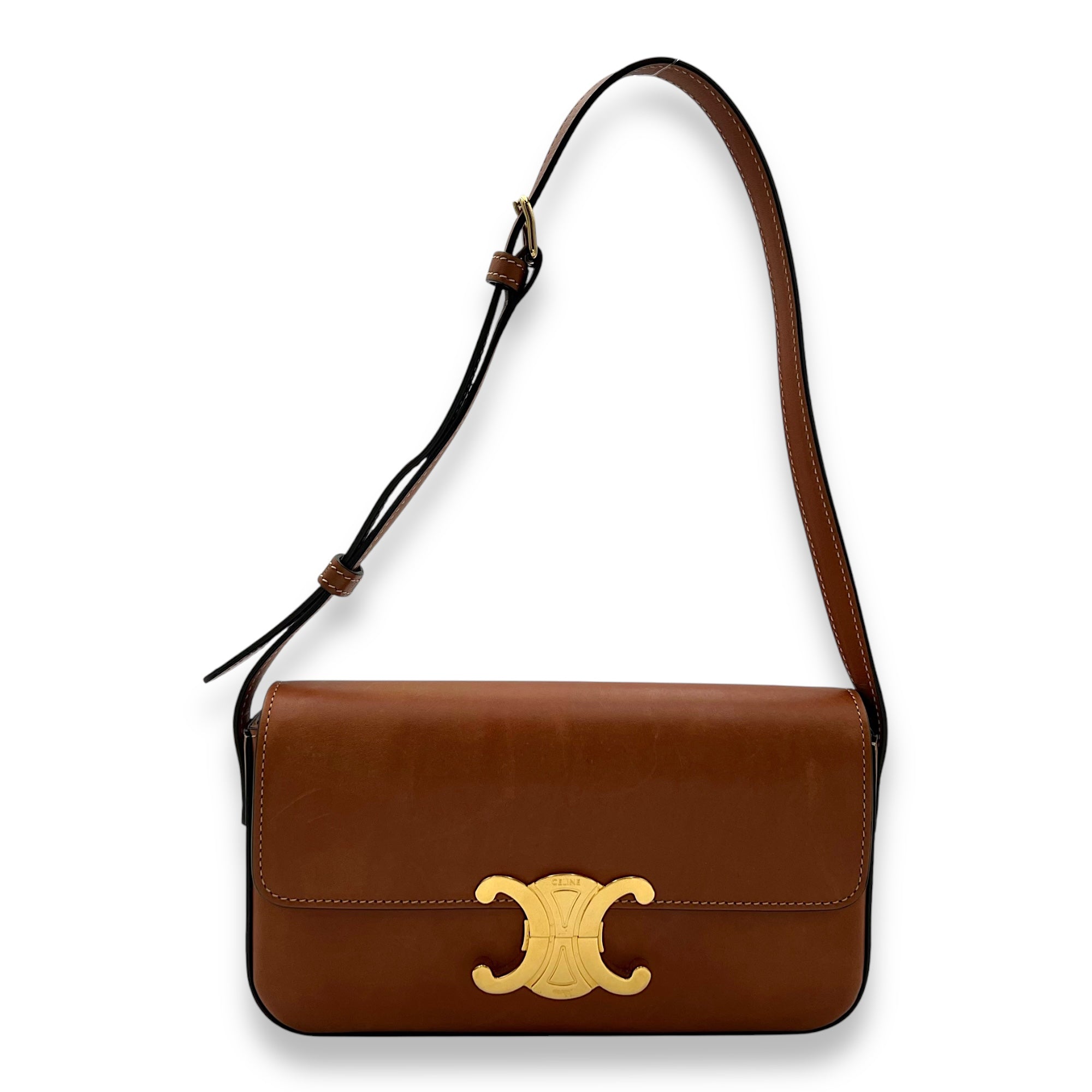 Celine Triomphe Shoulder Bag Brown in Calfskin, Gold hardware_10