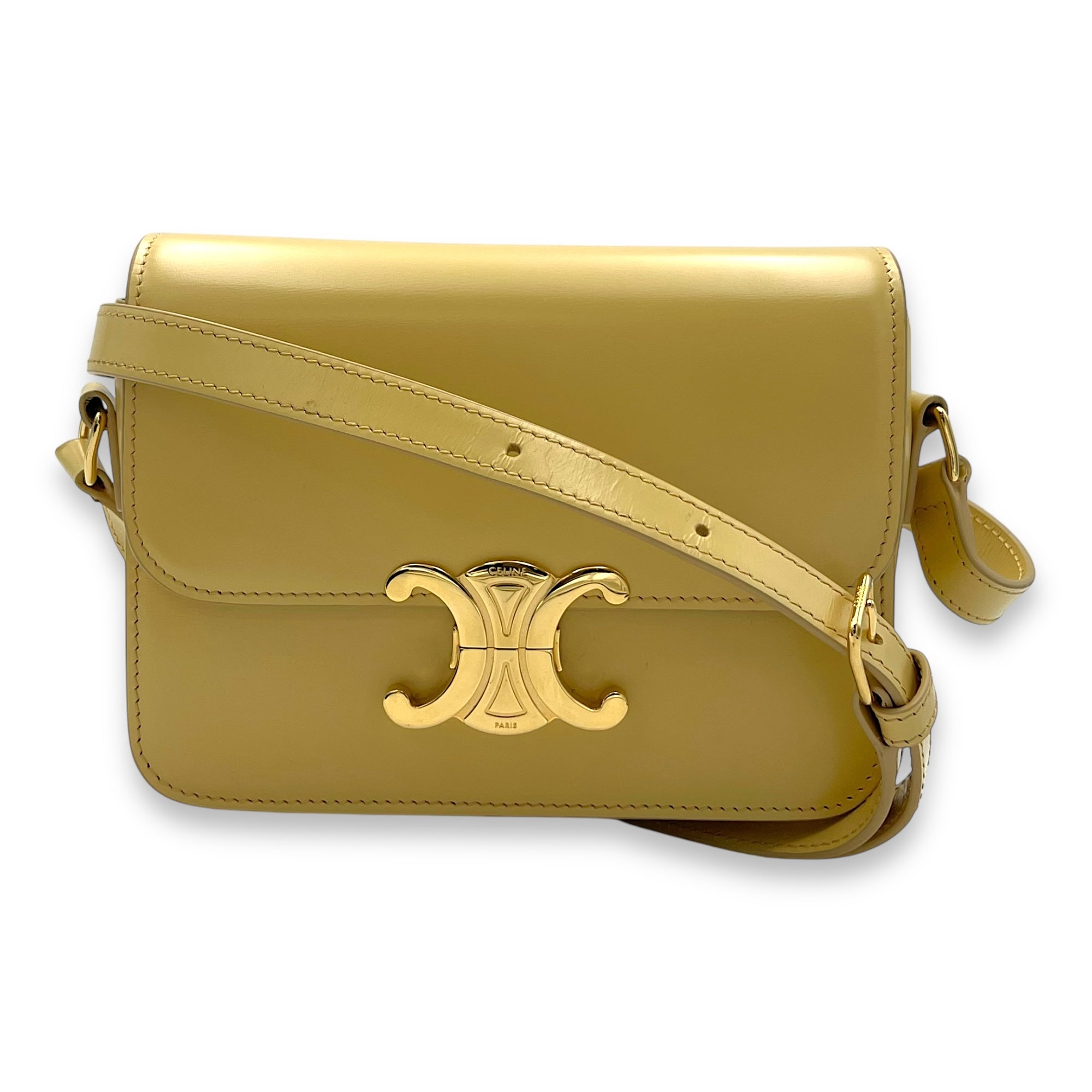Celine Triomphe Crossbody Bag Teen Yellow in Calfskin, Gold hardware_10