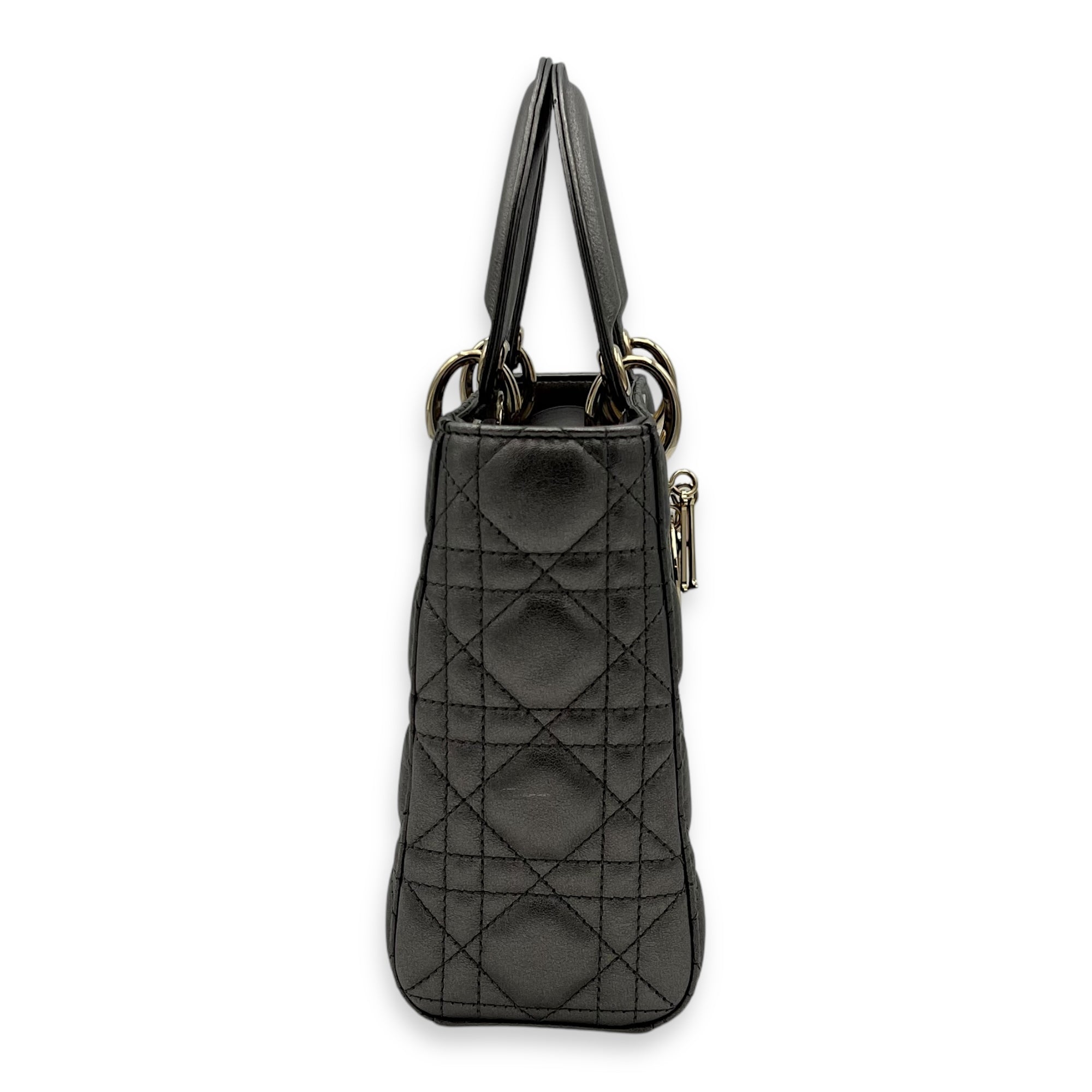 Christian Dior Lady Dior Small Grey Top Handle Bag in Calfskin, Gold hardware_4