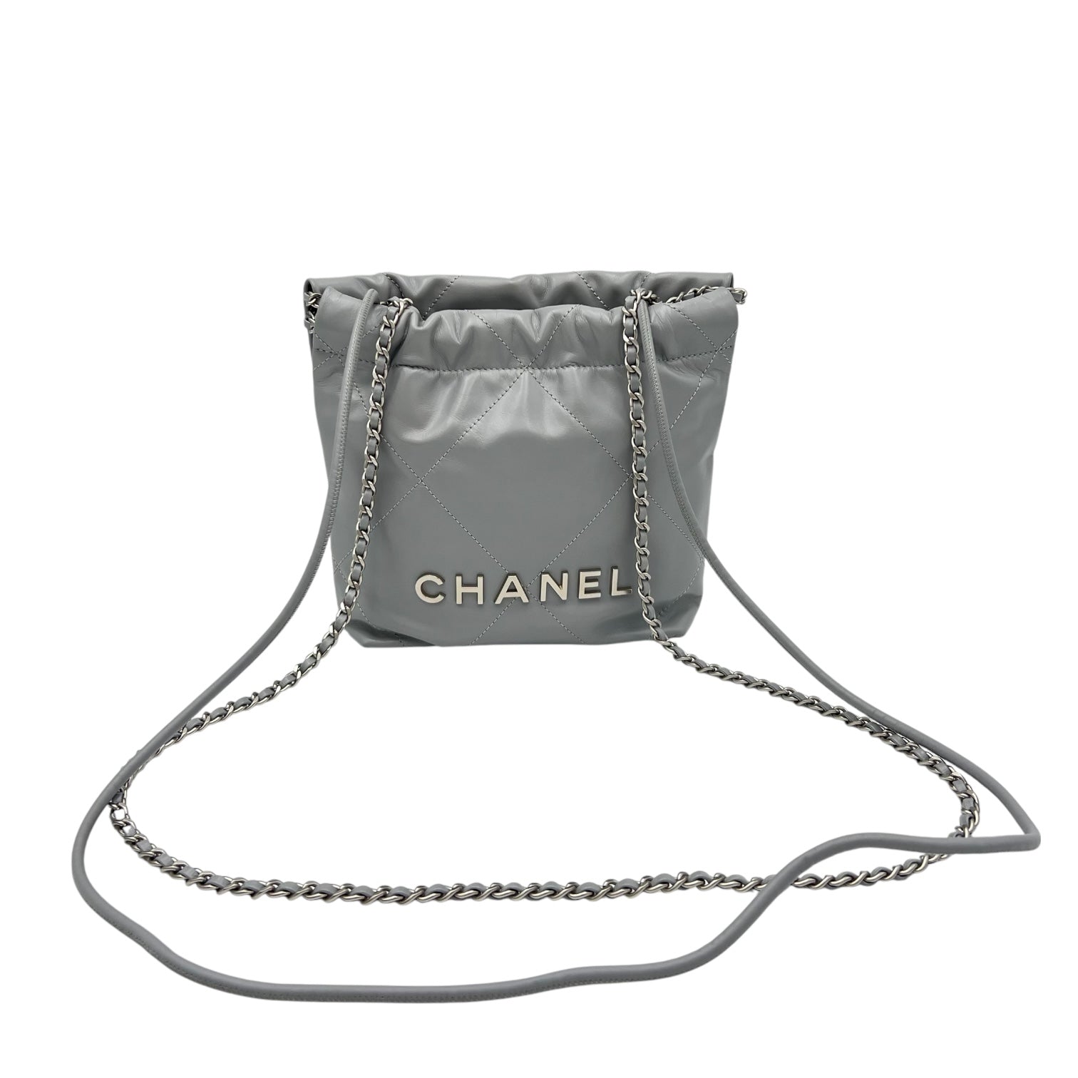 Chanel 22 Tote Crossbody Bag Mini Grey in Calfskin, Silver hardware_10