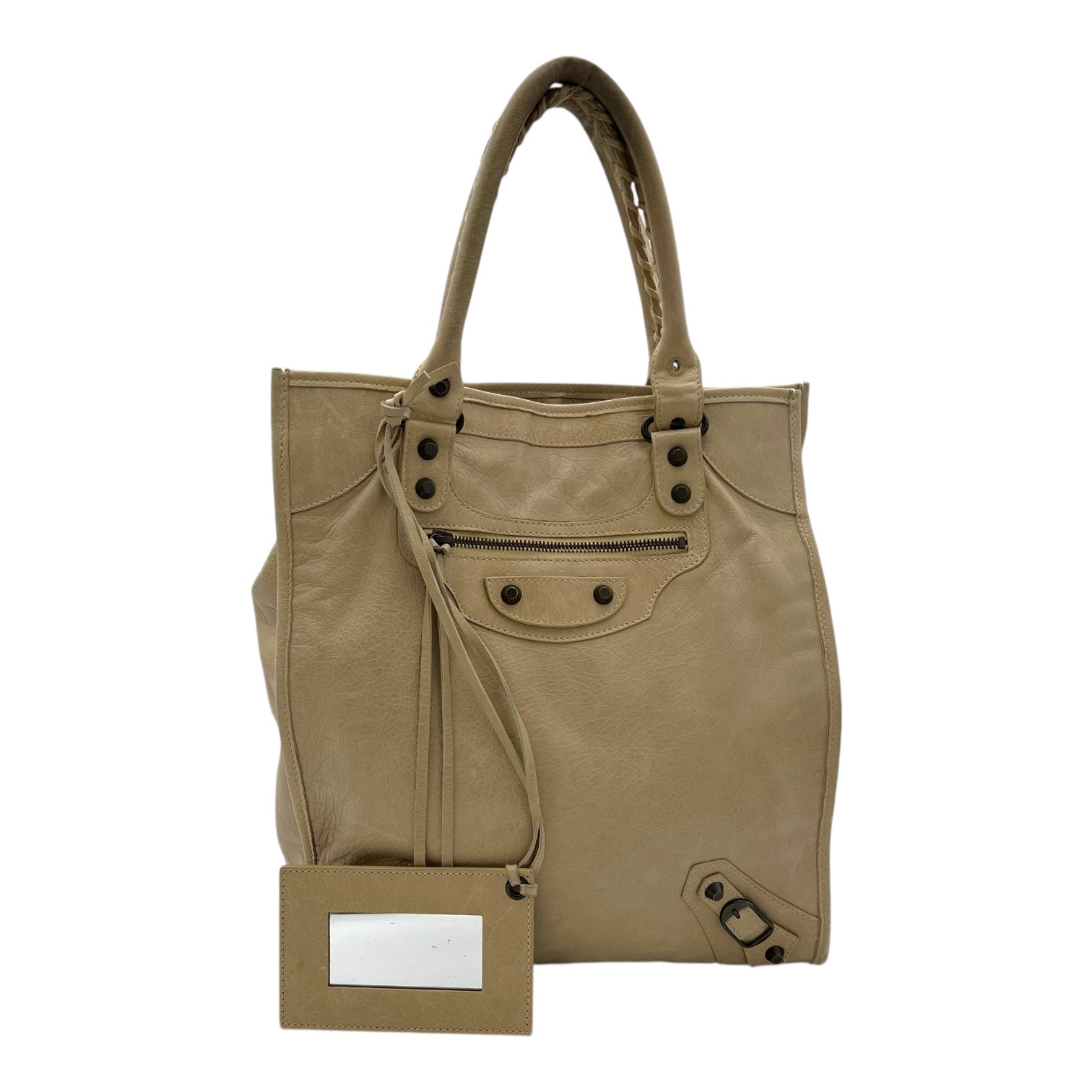 Balenciaga Shopper Beige Tote Bag in Distressed Leather, Gunmetal hardware_10