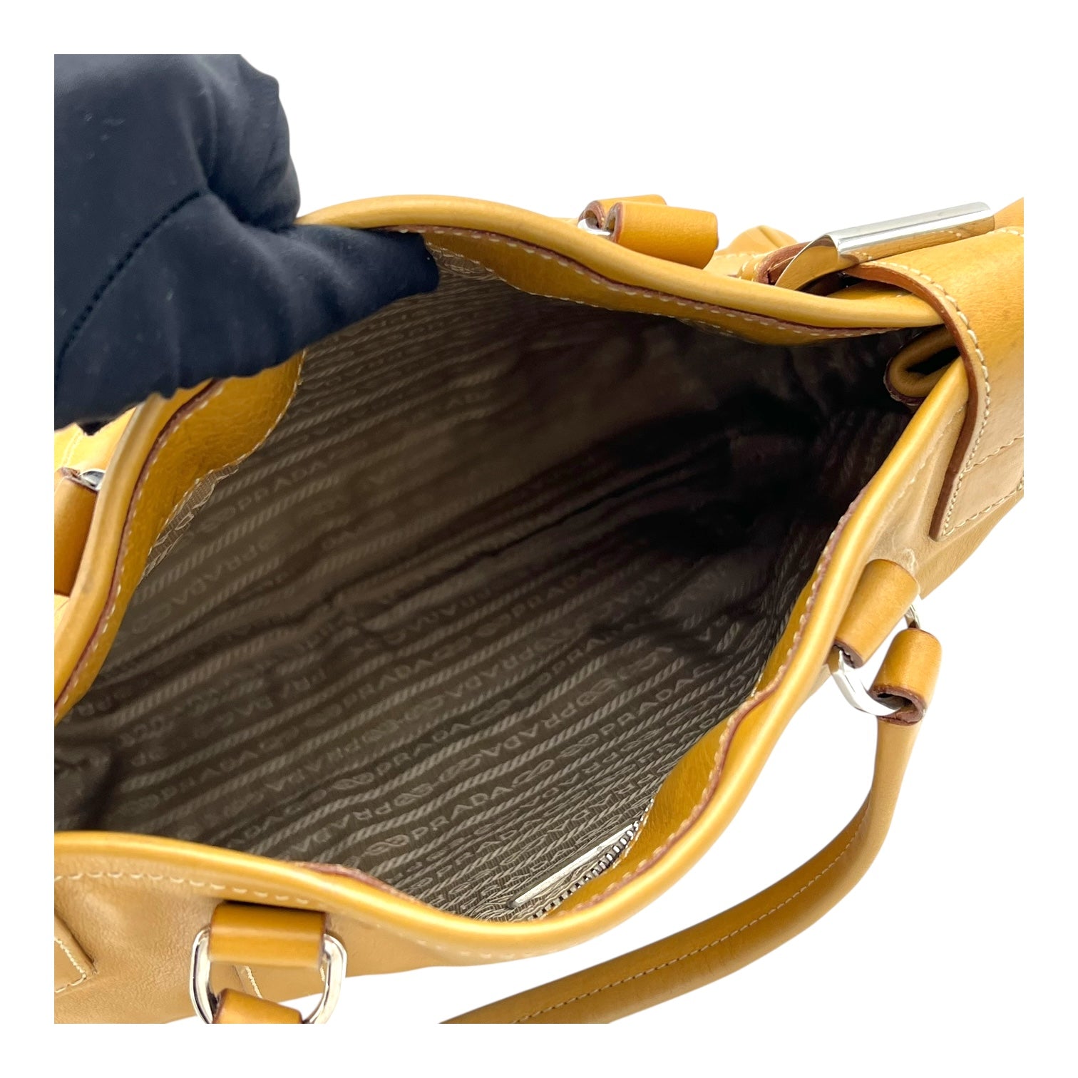 Prada Logo Shoulder Bag Yellow in Calfskin, Silver hardware_10