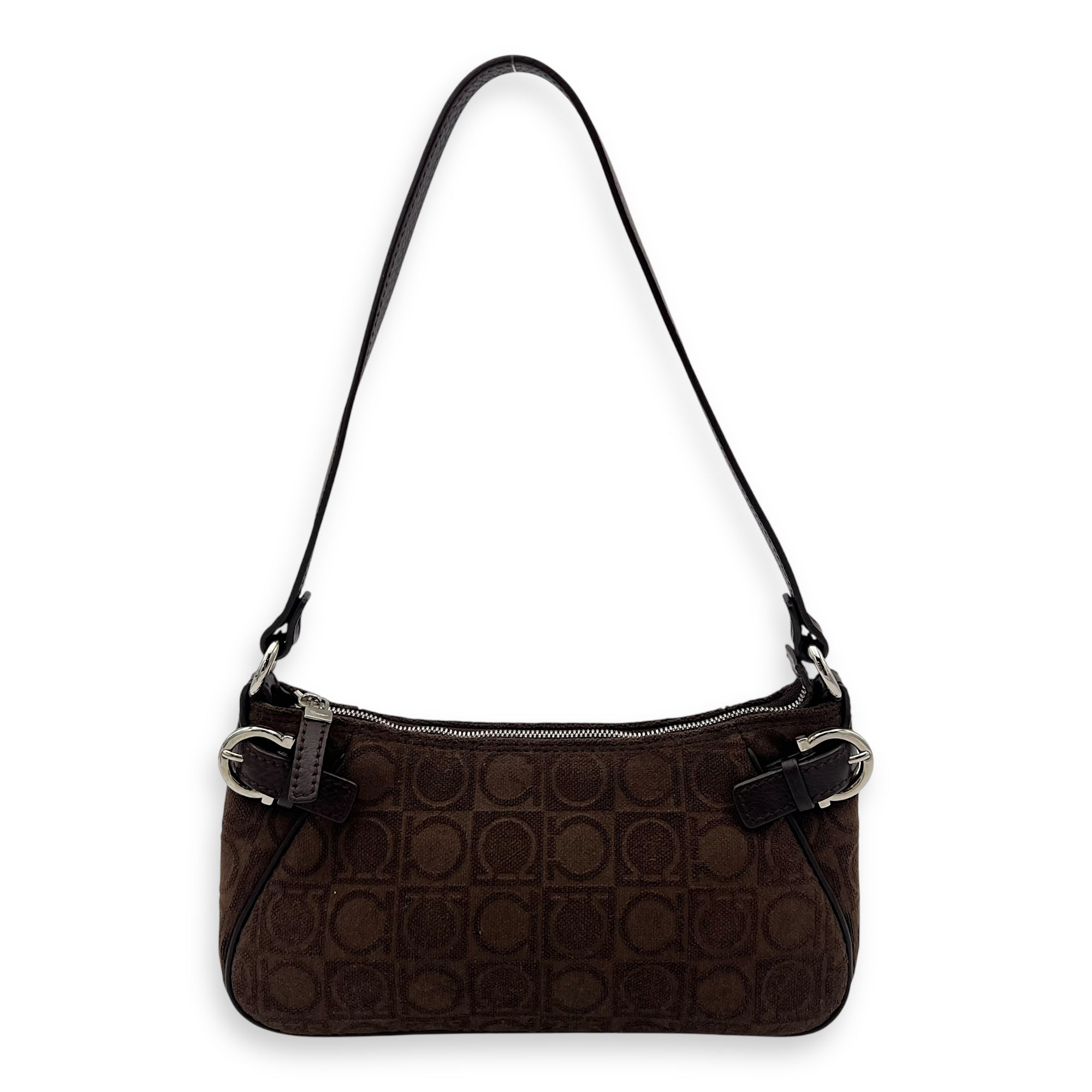 Salvatore Ferragamo Gancini Brown Shoulder Bag in Fabric, Silver hardware_1