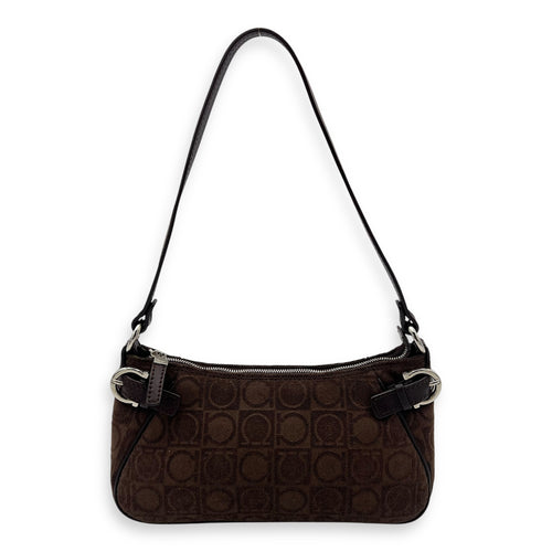 Salvatore Ferragamo Gancini Brown Shoulder Bag in Fabric, Silver hardware_1