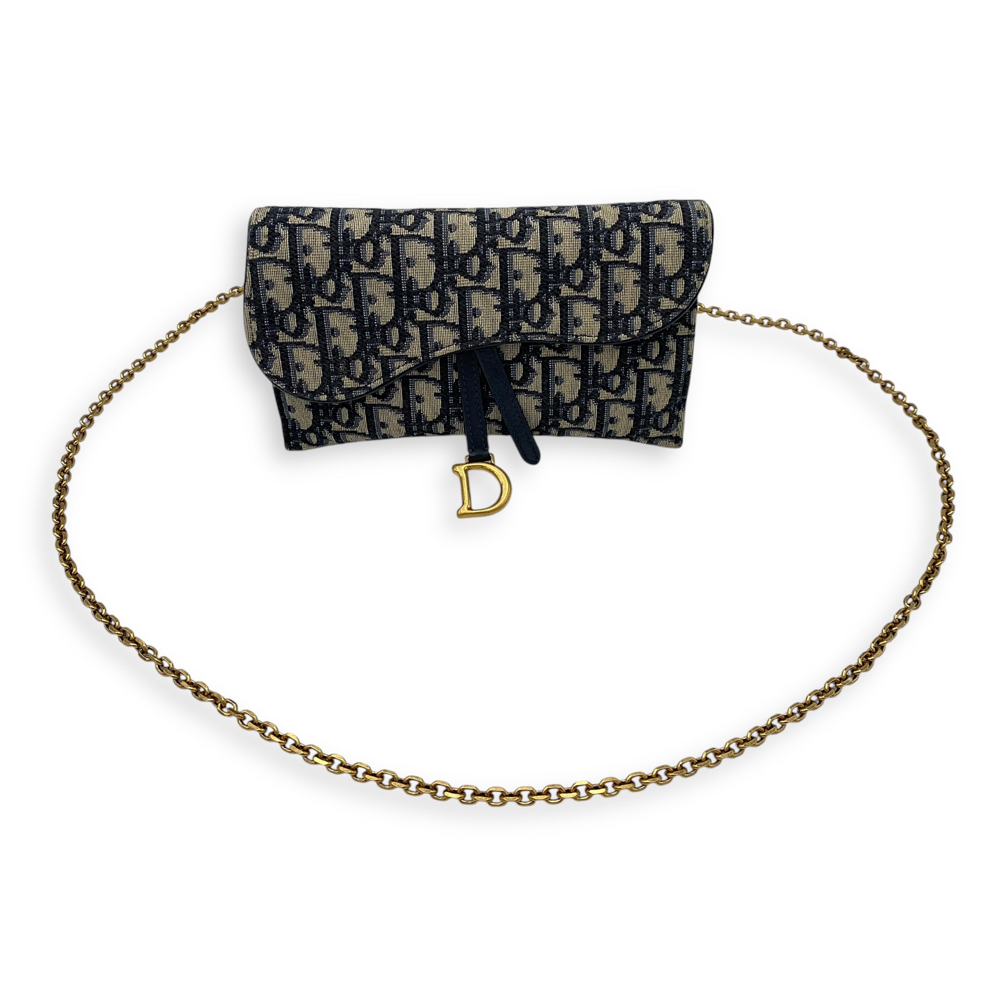Christian Dior Saddle Wallet On Chain Blue in Jacquard, Gold hardware_12