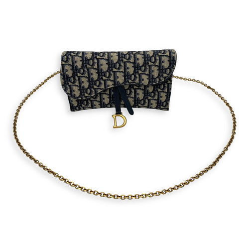 Christian Dior Saddle Wallet On Chain Blue in Jacquard, Gold hardware_12