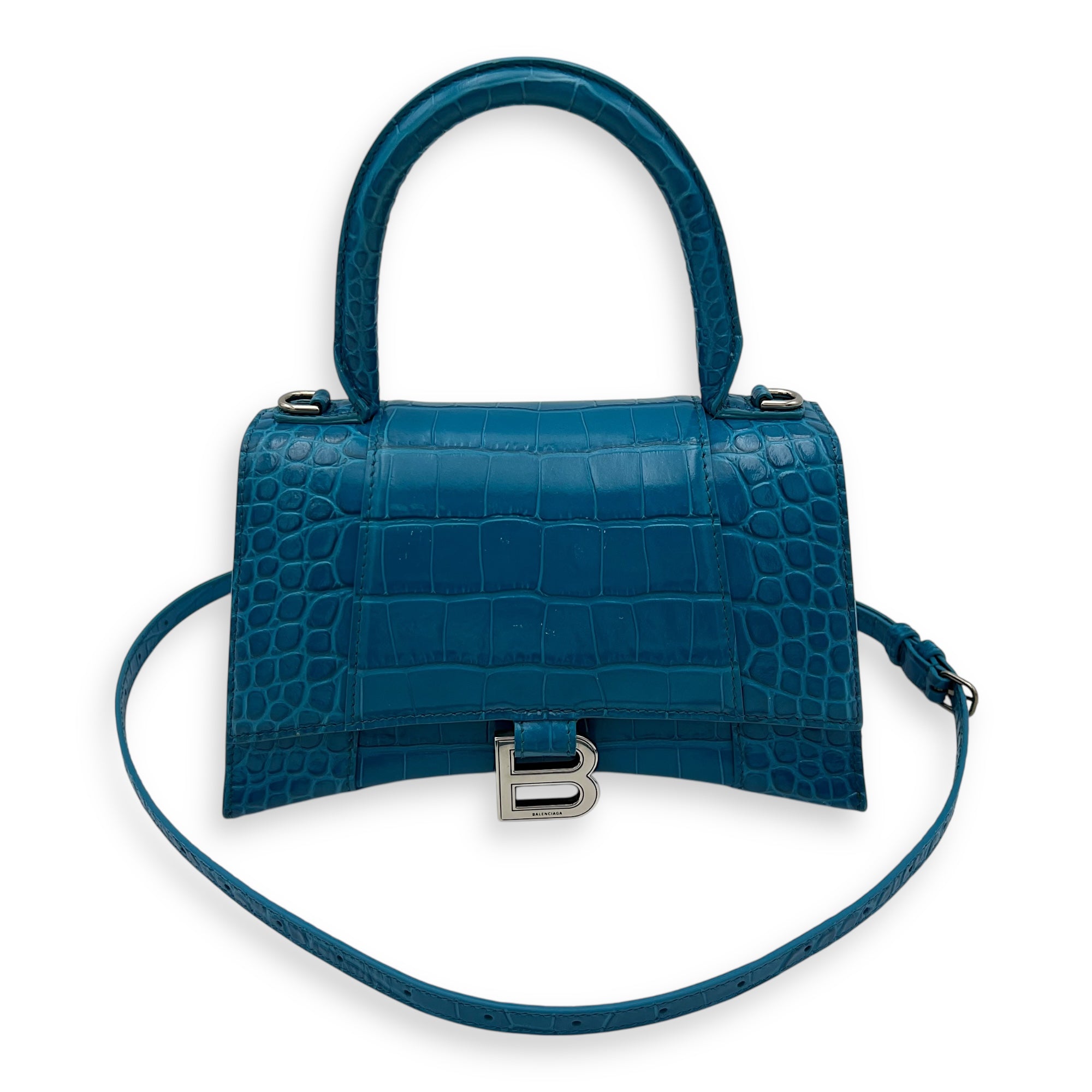 Balenciaga Hourglass Top Handle Bag Blue in Crocodile Embossed Calfskin, Silver hardware_12