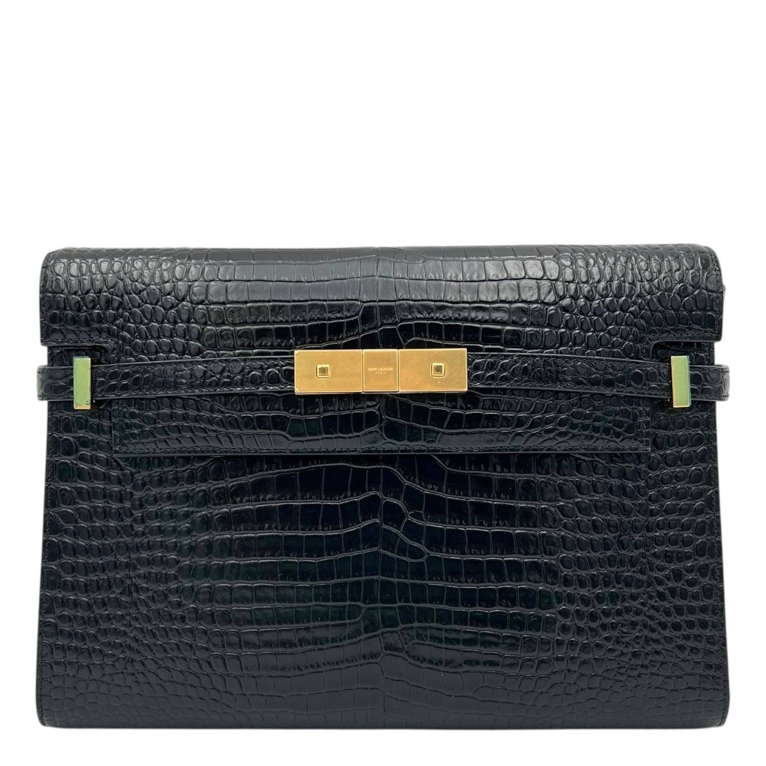 Saint Laurent Manhattan Shoulder Bag Black in Crocodile Embossed Calfskin, Gold hardware_1