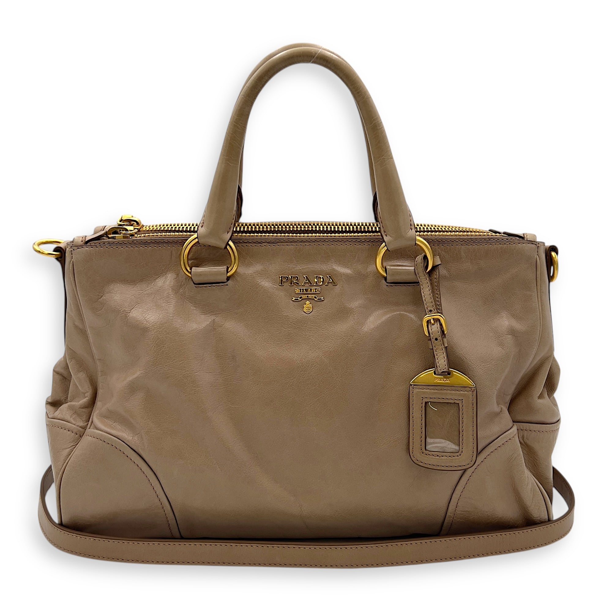 Prada Logo Top Handle Bag Beige in Calfskin, Gold hardware_10