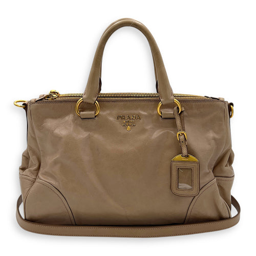 Prada Logo Top Handle Bag Beige in Calfskin, Gold hardware_10