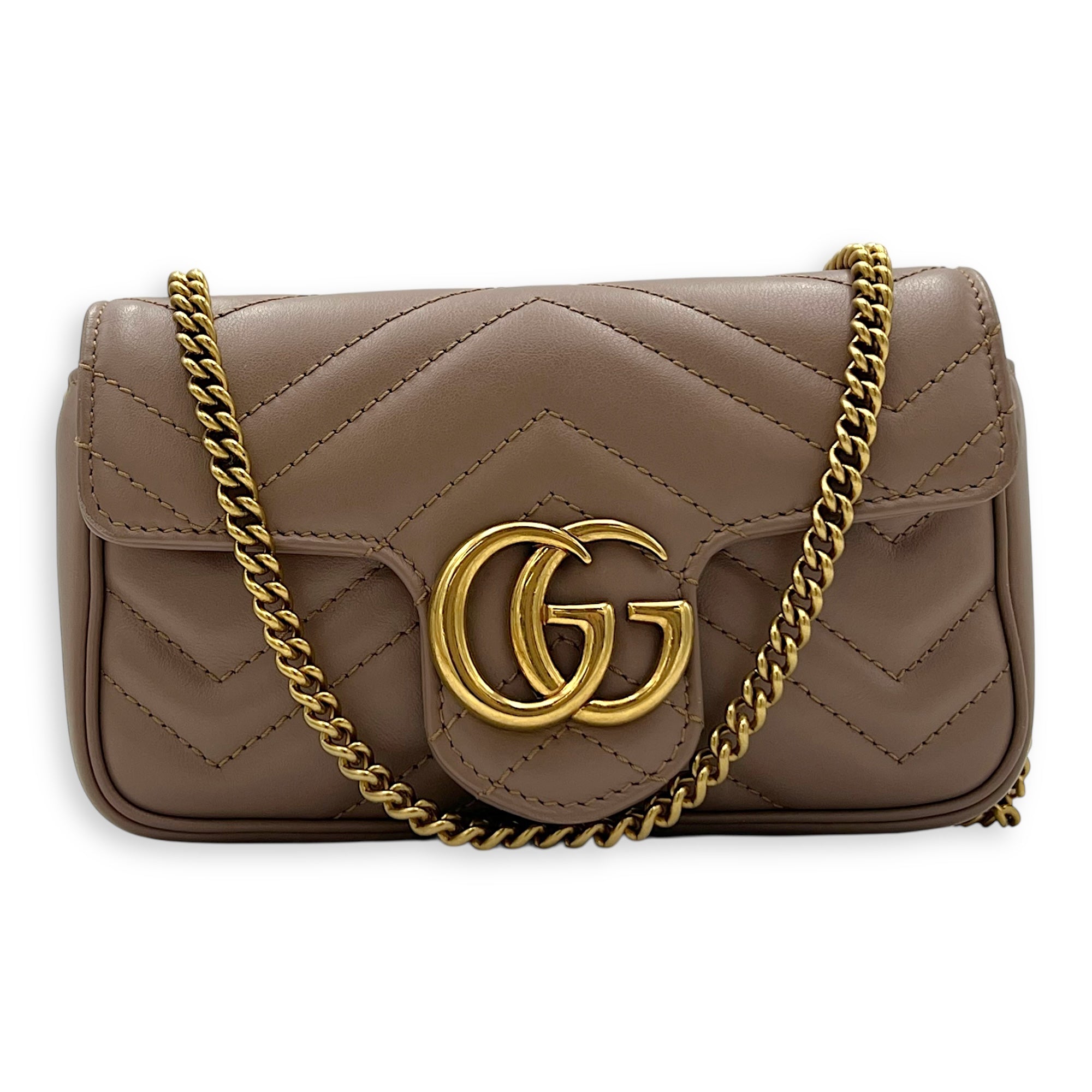 Gucci GG Marmont Shoulder Bag Super Mini Beige in Calfskin, Gold hardware_10
