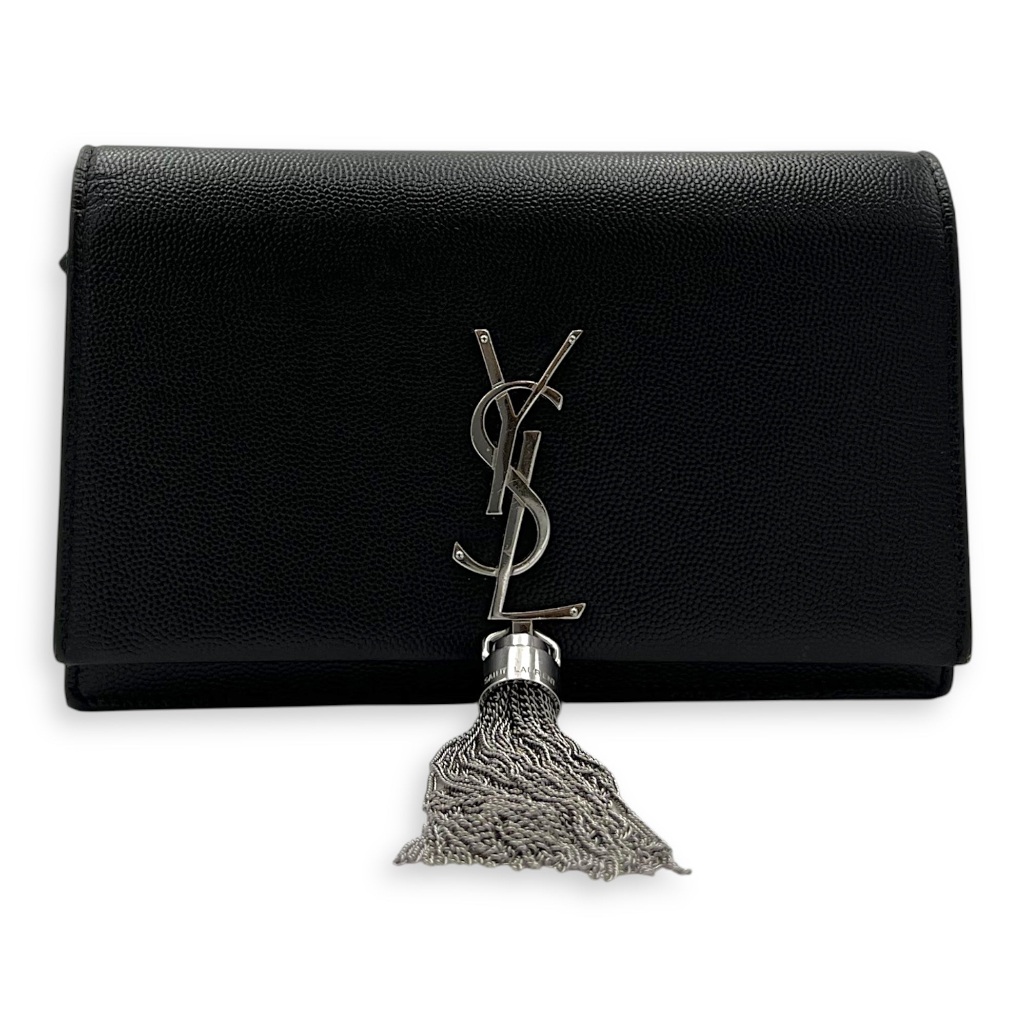 Saint Laurent Kate Wallet On Chain Black in Caviar Leather, Silver hardware_10