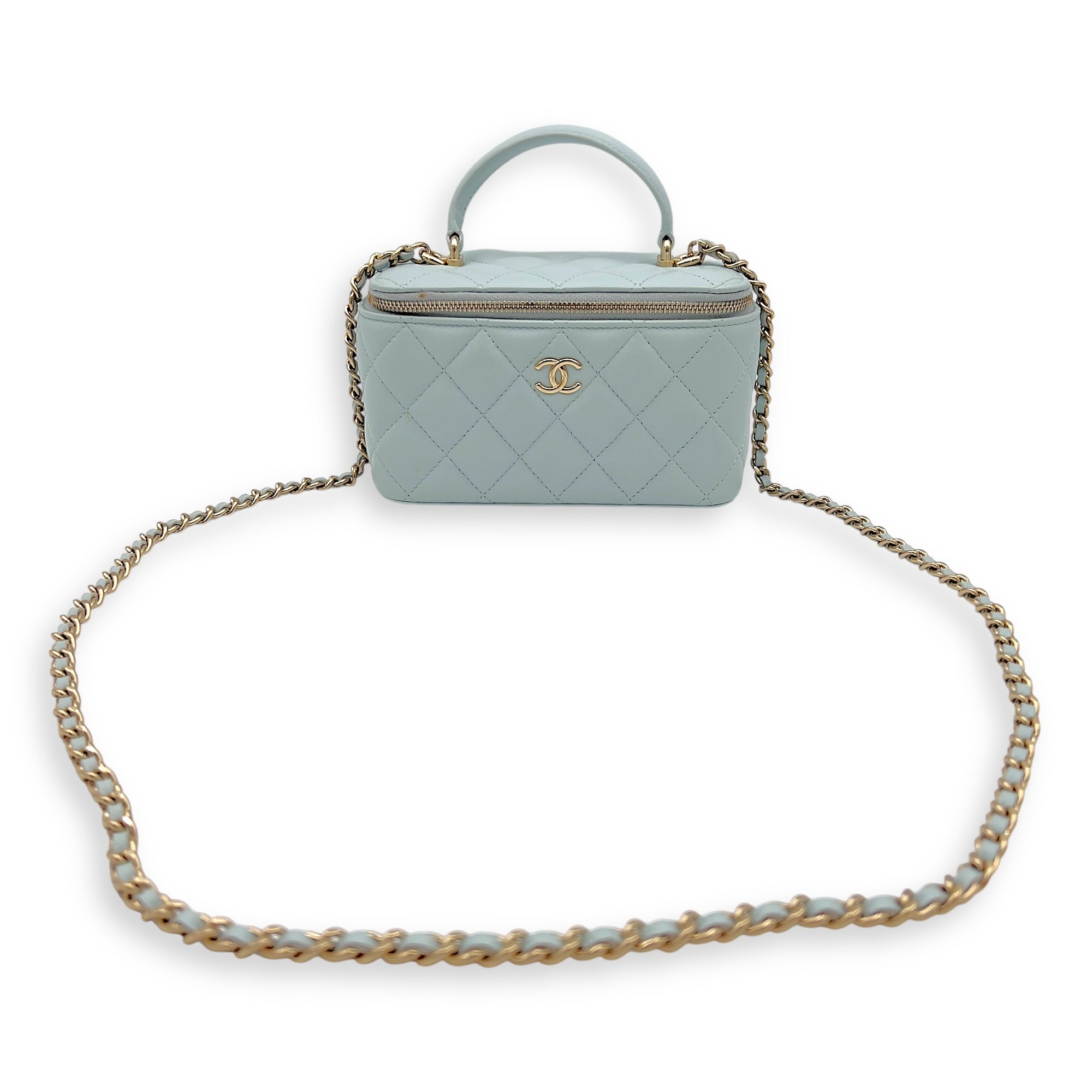 Chanel Vanity Crossbody Bag Blue in Lambskin, Gold hardware_8