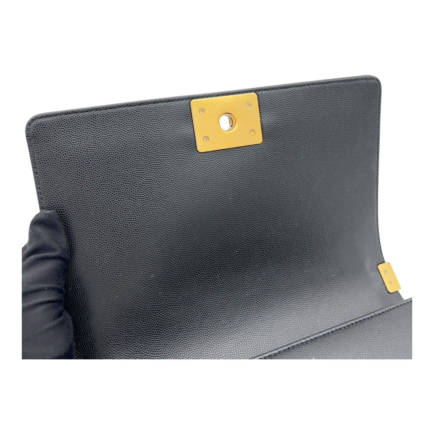 Chanel Boy Medium Black Shoulder Bag in Caviar Leather, Brushed Gold hardware_12