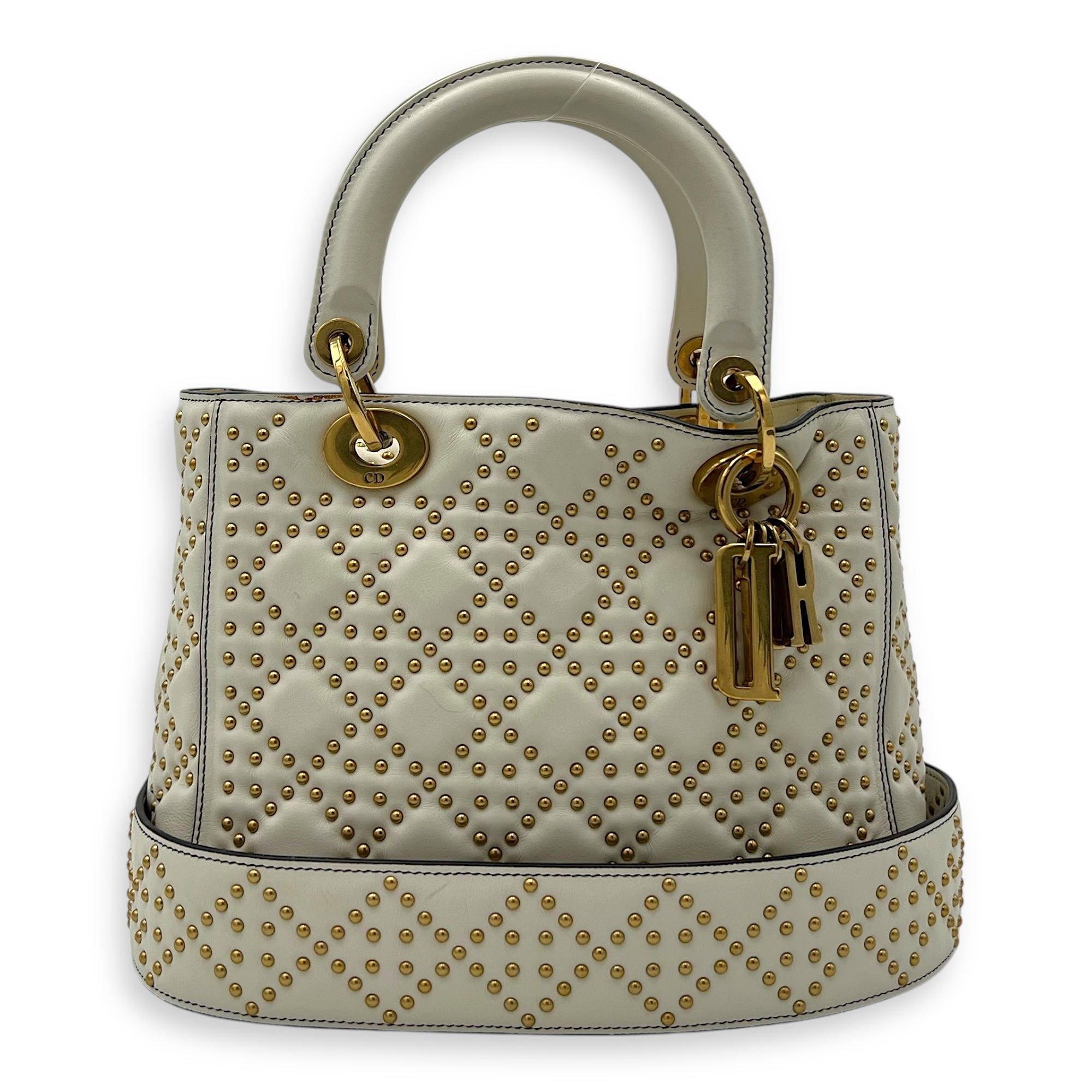 Christian Dior Lady Dior Top Handle Bag White in Calfskin, Gold hardware_10