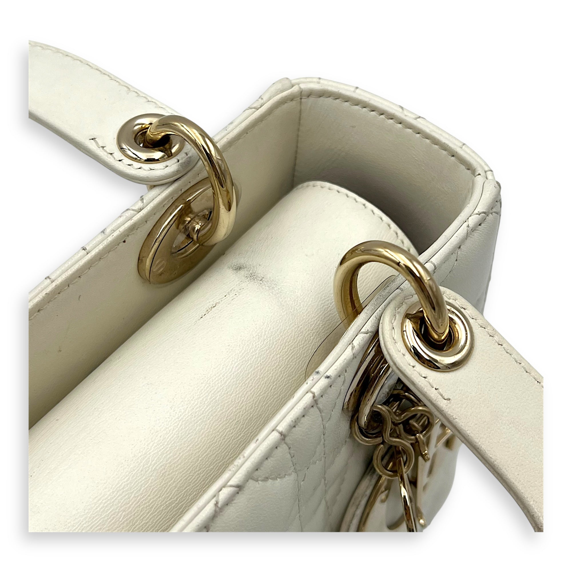 Christian Dior Lady Dior Small White Top Handle Bag in Lambskin, Gold hardware_10