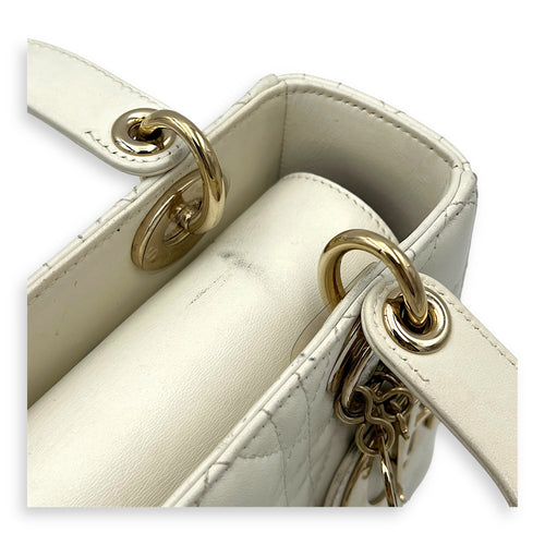 Christian Dior Lady Dior Small White Top Handle Bag in Lambskin, Gold hardware_10