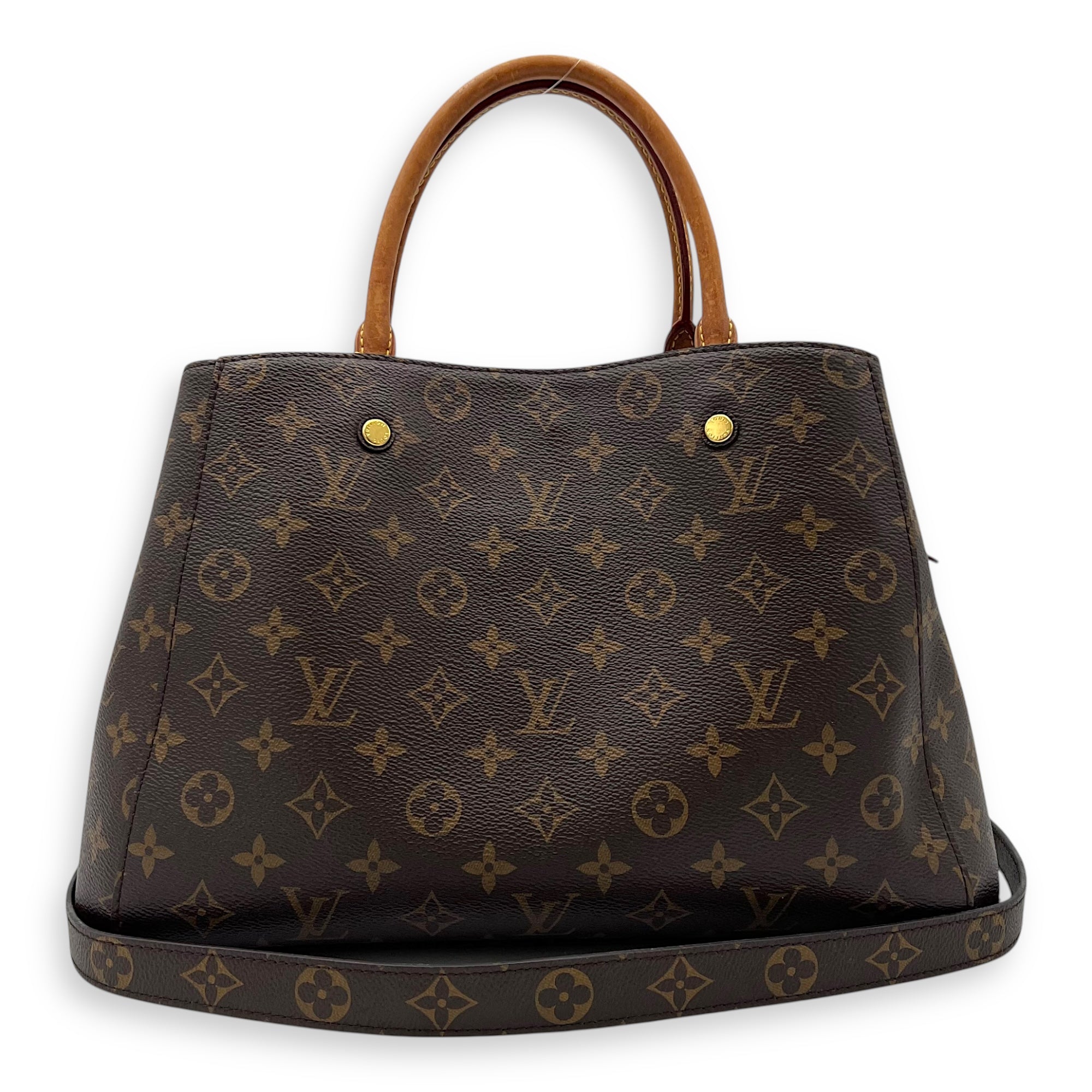 Louis Vuitton Montaigne MM Brown Top Handle Bag in Monogram Coated Canvas, Gold hardware_10