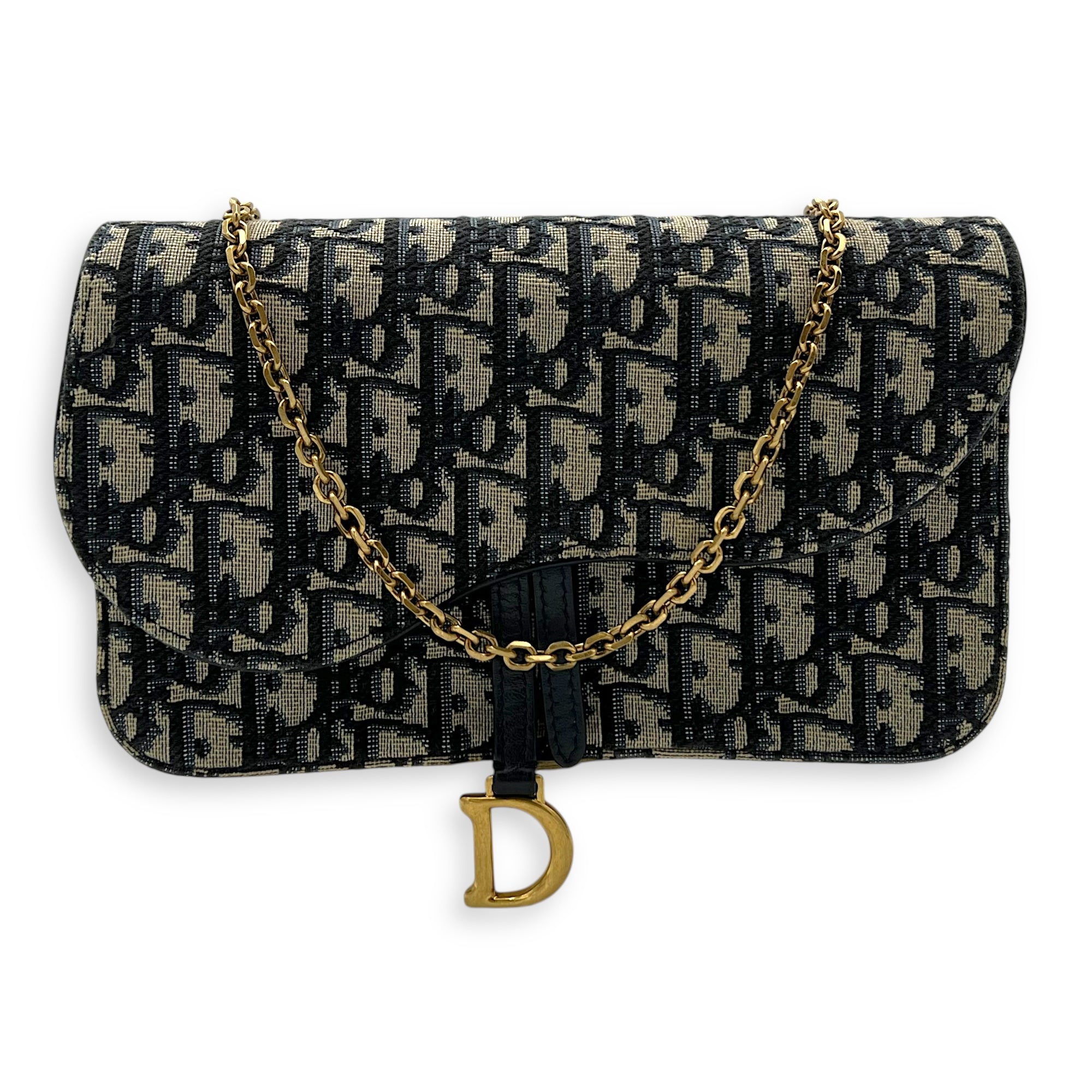 Christian Dior Saddle Wallet On Chain Blue in Jacquard, Gold hardware_10