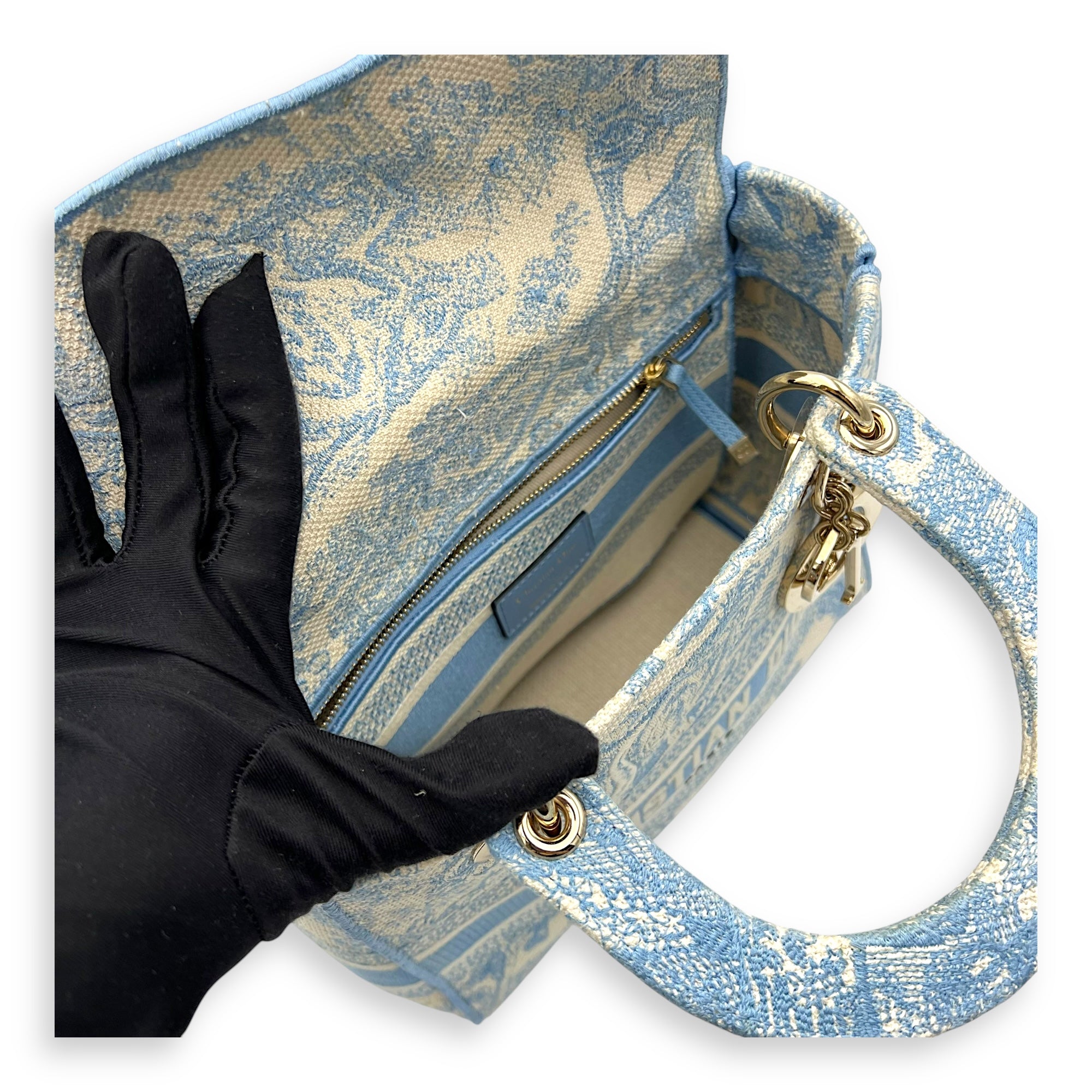 Christian Dior D-Lite Top Handle Bag Blue in Jacquard, Gold hardware_10