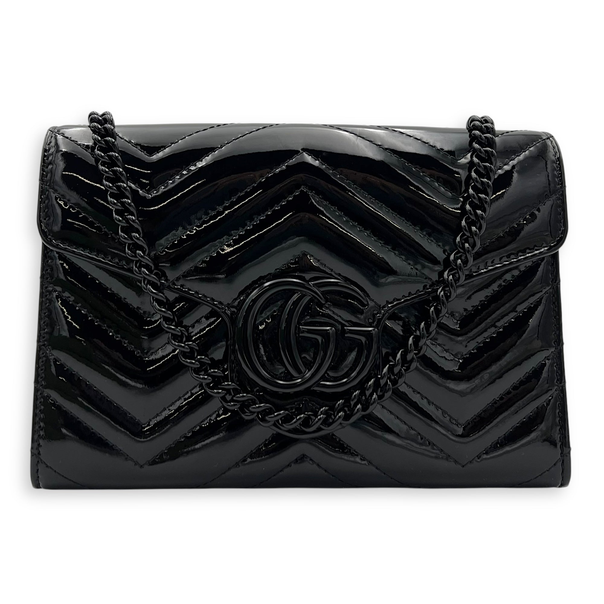 Gucci GG Marmont Wallet On Chain Black in Patent Leather, Lacquered Metal hardware_10