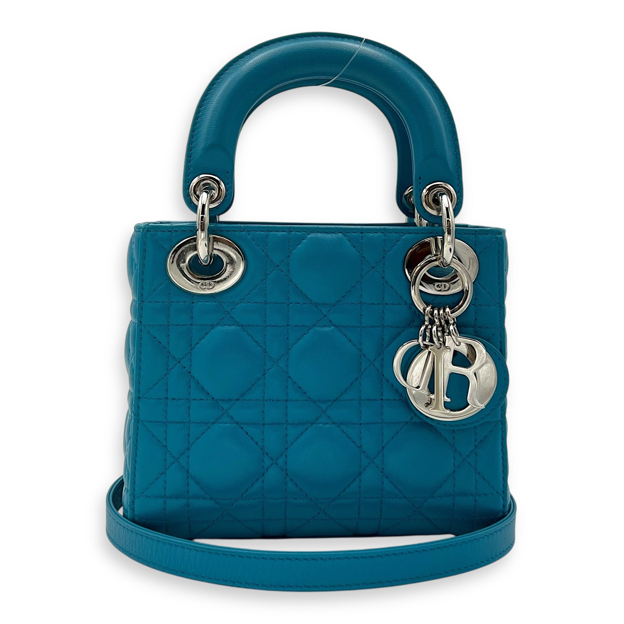 Christian Dior Lady Dior Top Handle Bag Mini Blue in Lambskin, Silver hardware_10