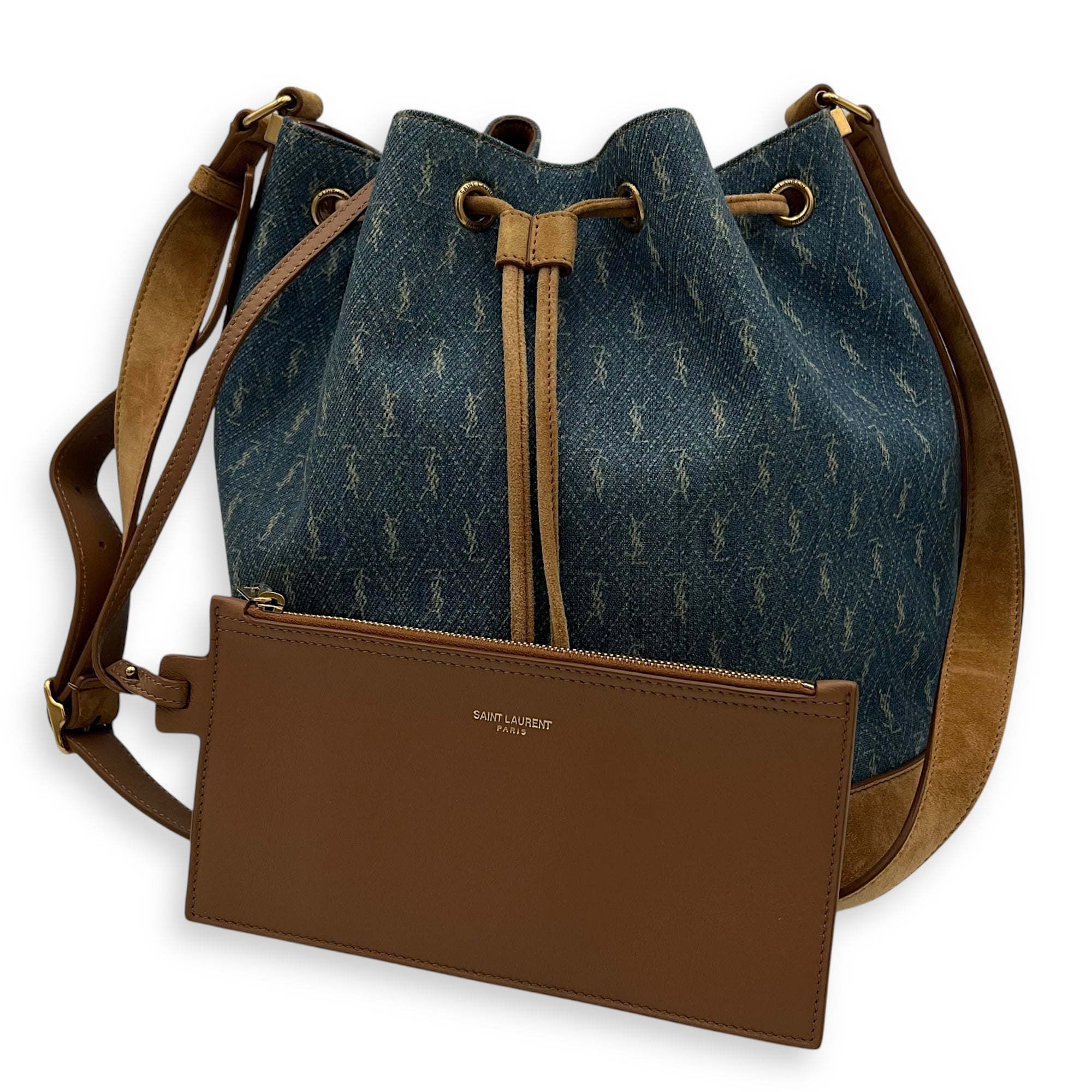 Saint Laurent All Over Bucket Bag Blue in Denim, Gold hardware_10