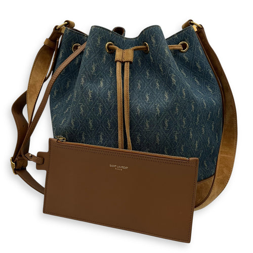 Saint Laurent All Over Bucket Bag Blue in Denim, Gold hardware_10