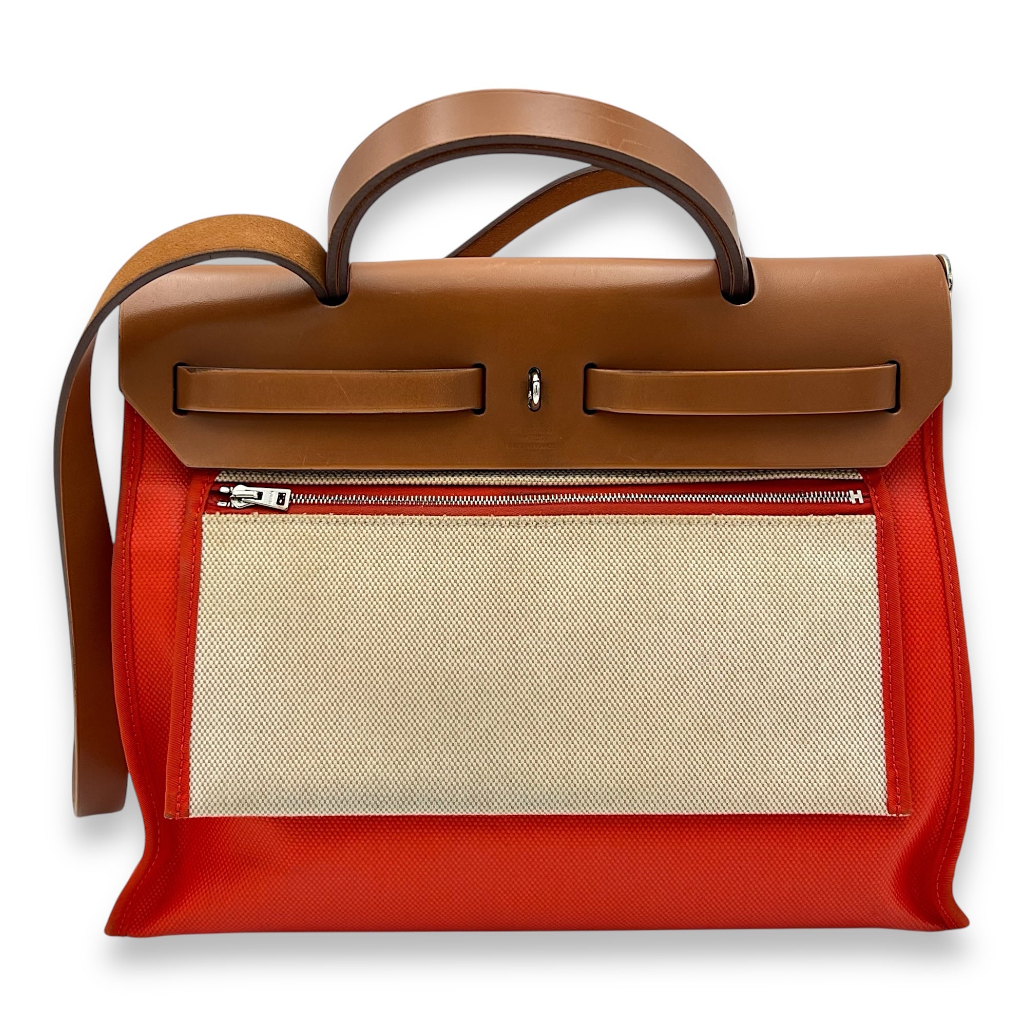 Hermès Herbag 31 Orange Mecano/ Ecru-beige/ Fauve Shoulder Bag in Toile, Palladium hardware_2