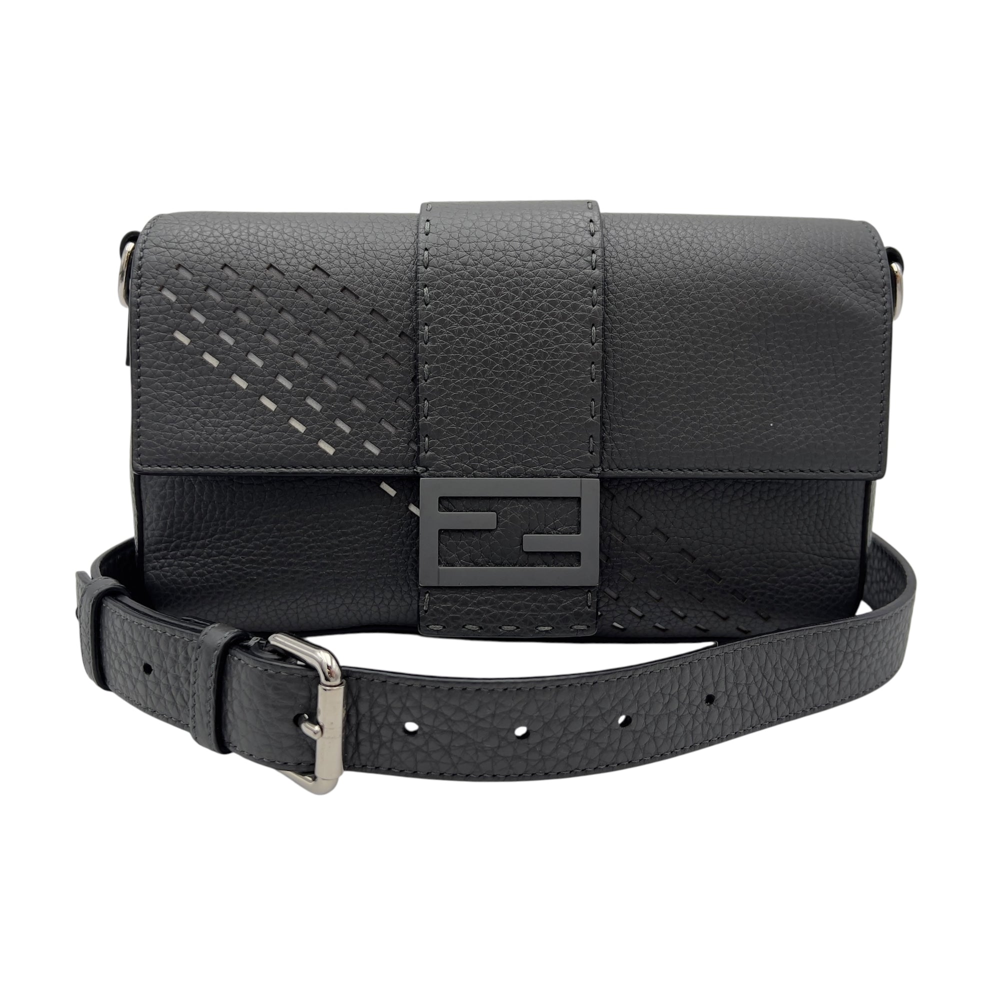 Fendi Baguette Crossbody Bag Small Grey in Calfskin, Silver hardware_8
