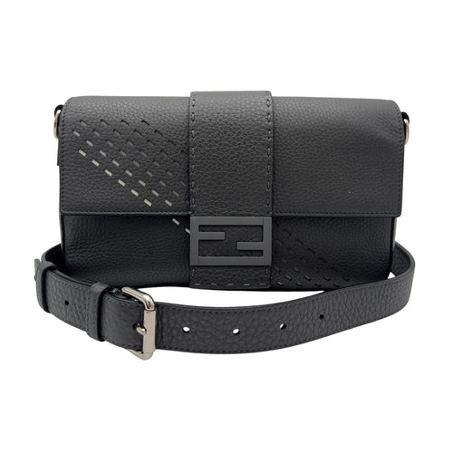 Fendi Baguette Crossbody Bag Small Grey in Calfskin, Silver hardware_8