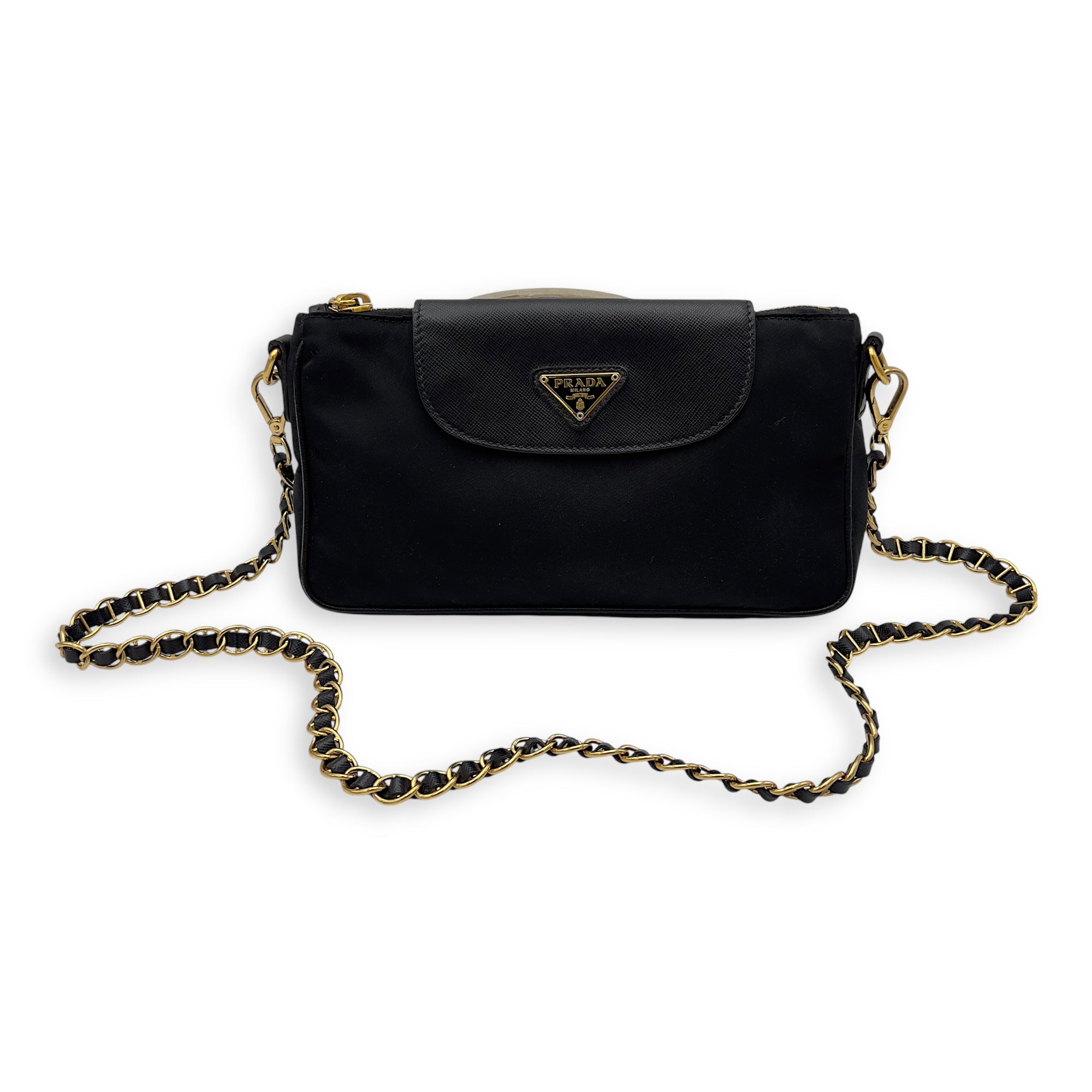 Prada Tessuto Crossbody Bag Small Black in Nylon, Gold hardware_8