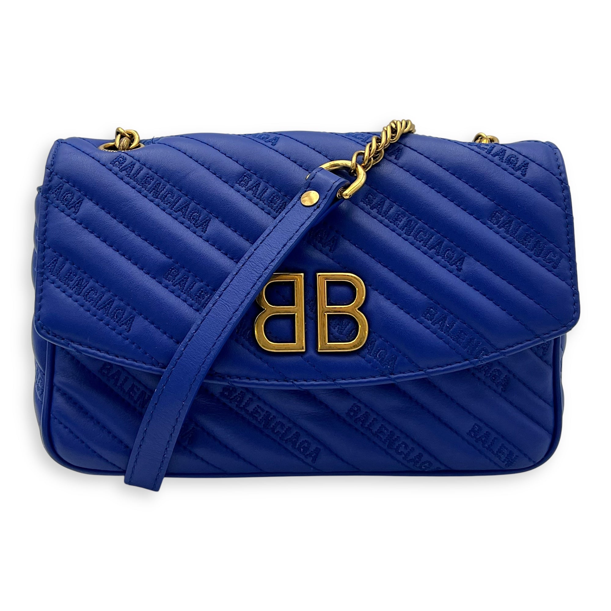 Balenciaga Logo Shoulder Bag Blue in Calfskin, Gold hardware_10