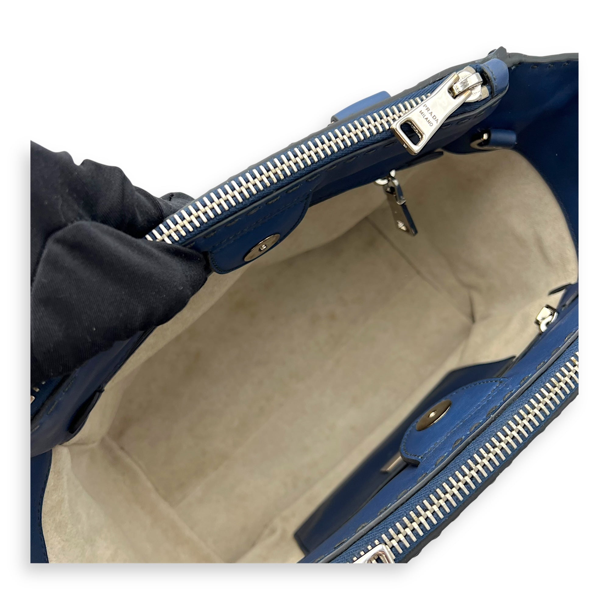 Prada Logo Top Handle Bag Blue in Calfskin, Gold hardware_10