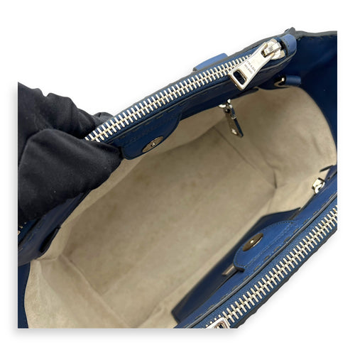 Prada Logo Top Handle Bag Blue in Calfskin, Gold hardware_10
