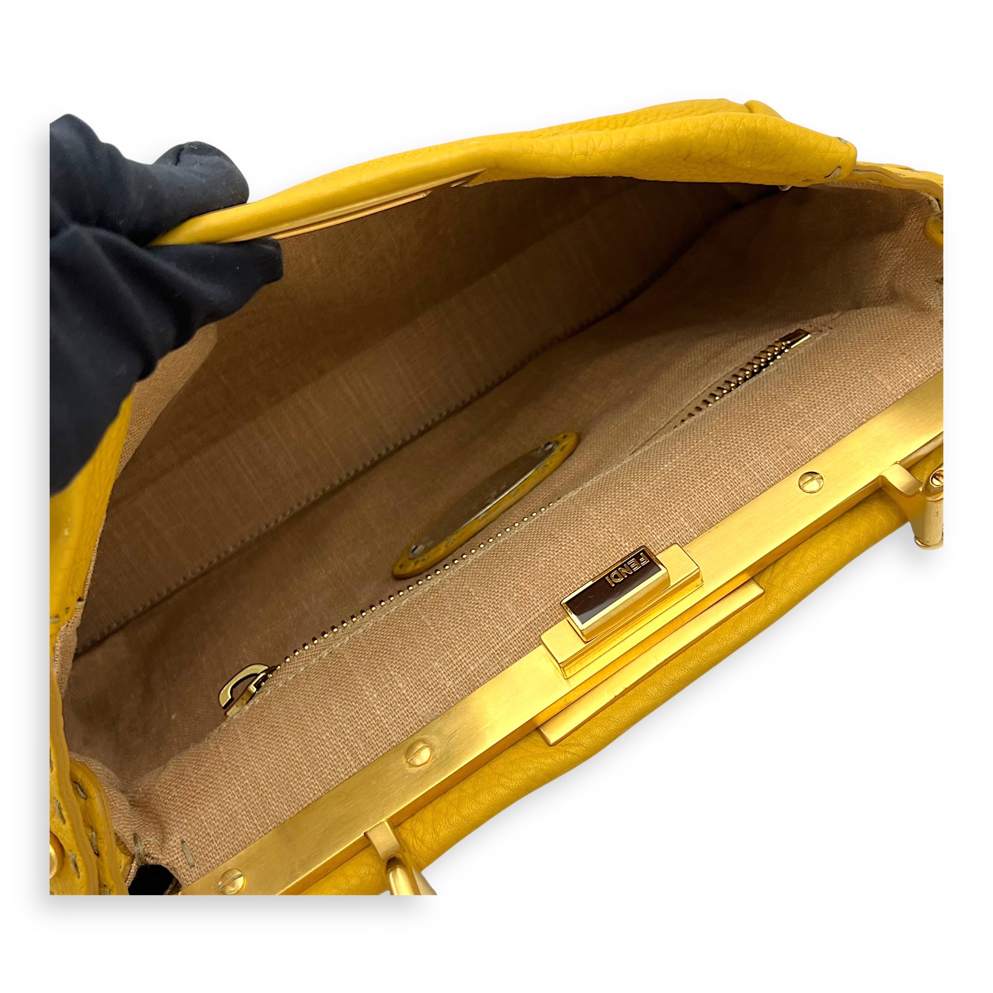 Fendi Peekaboo Top Handle Bag Yellow in Calfskin, Gold hardware_10