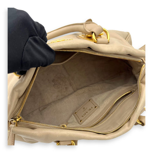 Prada Logo Top Handle Bag Beige in Calfskin, Gold hardware_10