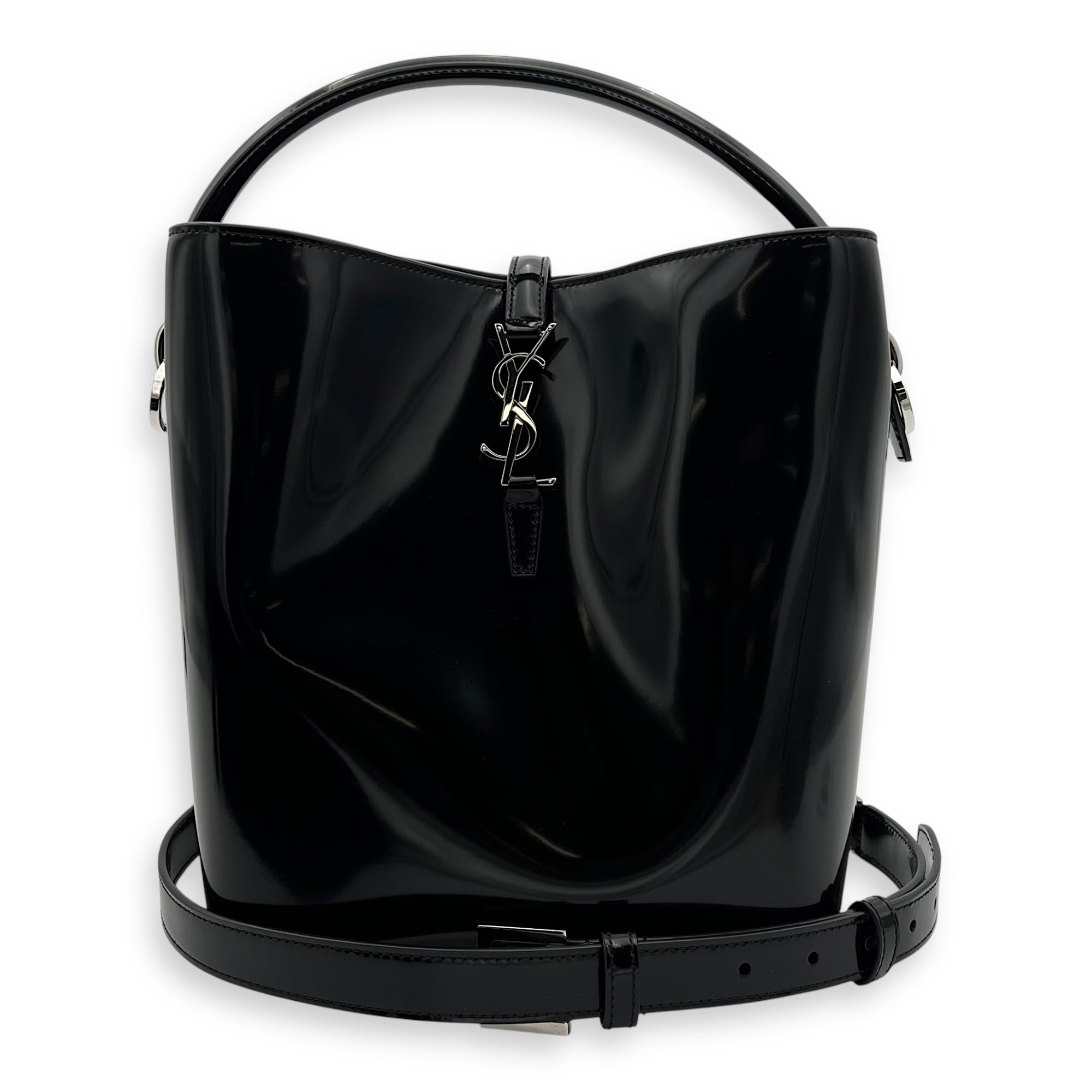 Saint Laurent Le 37 Bucket Bag Black in Patent Leather, Silver hardware_10