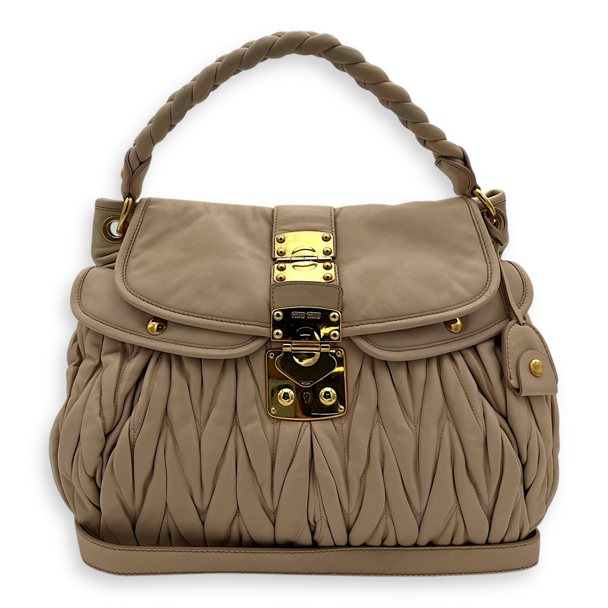 Miu Miu Gaufre Shoulder Bag Beige in Calfskin, Gold hardware_10