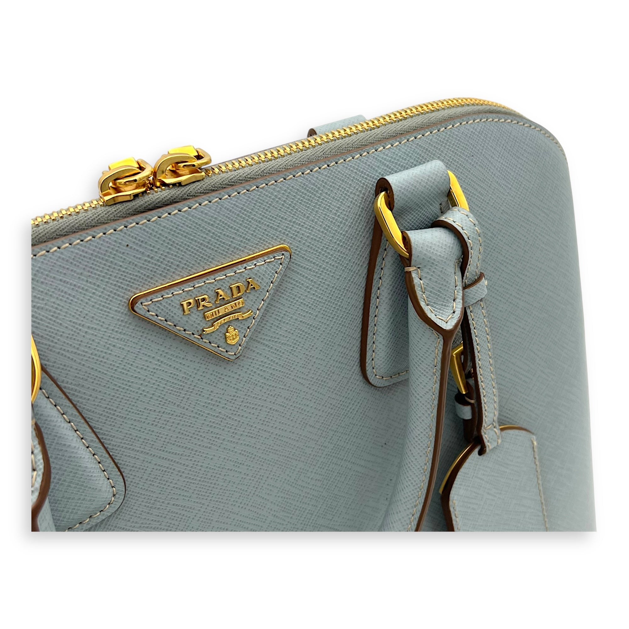 Prada Others Top Handle Bag Blue in Saffiano Leather, Gold hardware_10
