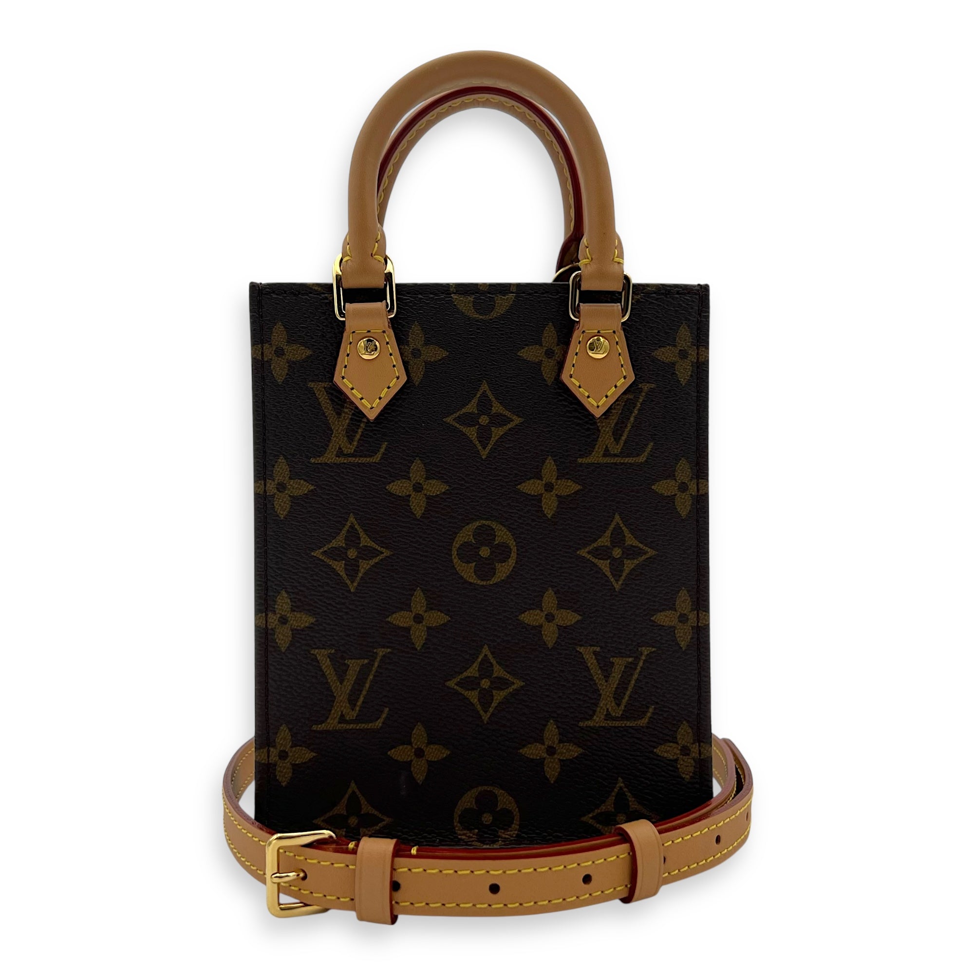 Louis Vuitton Sac Plat Petite Brown Top Handle Bag in Monogram Coated Canvas, Gold hardware_10