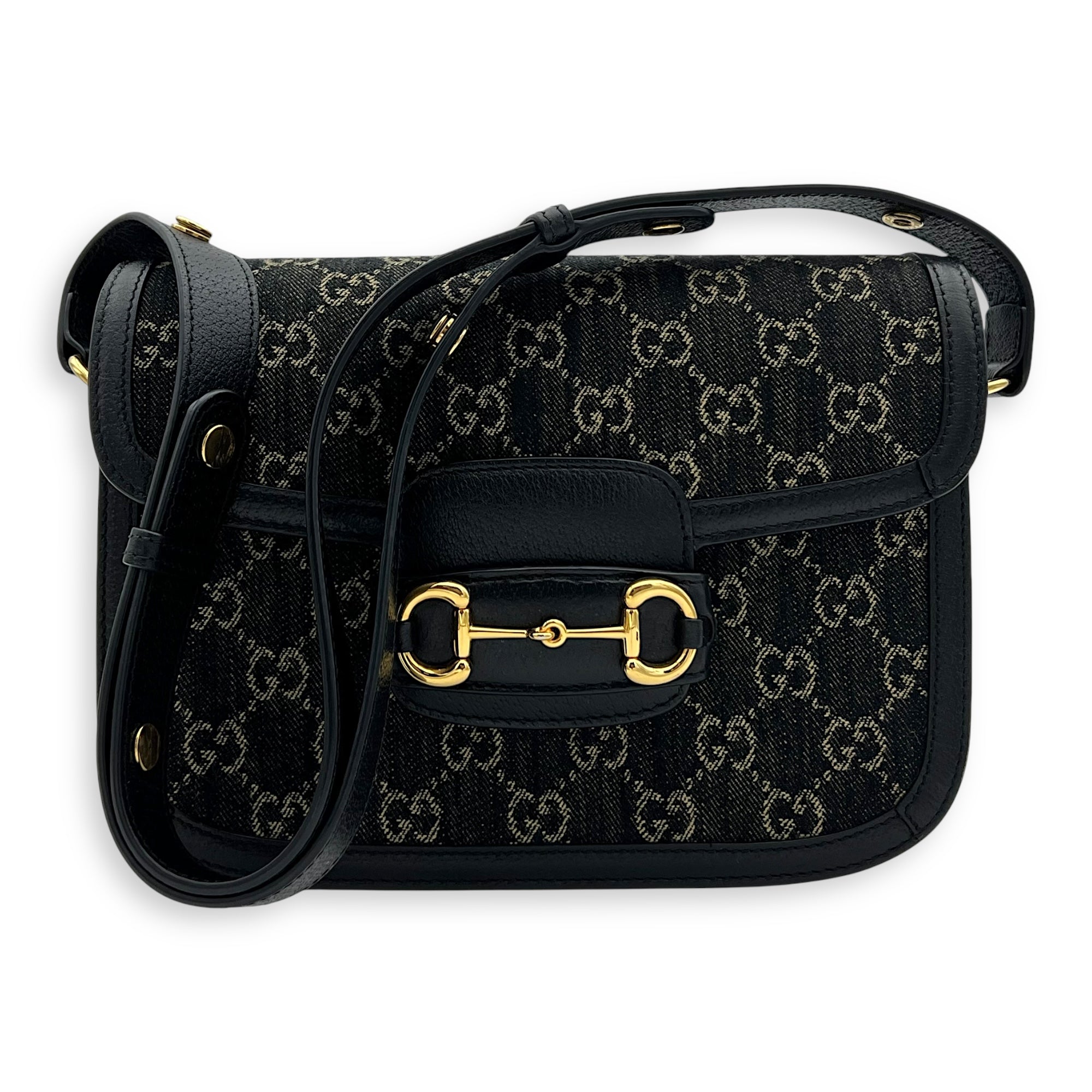Gucci Horsebit 1955 Shoulder Bag Black in Denim, Gold hardware_10