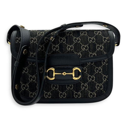 Gucci Horsebit 1955 Shoulder Bag Black in Denim, Gold hardware_10