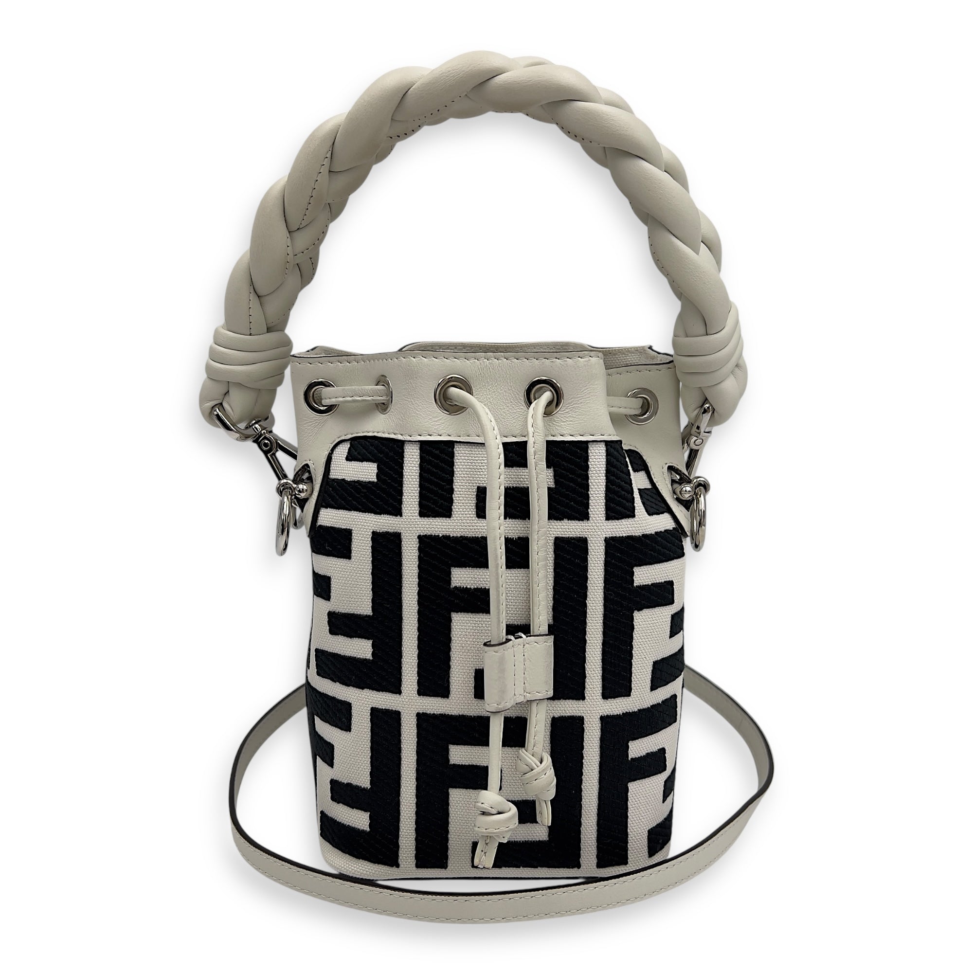 Fendi Mon Tresor White Bucket Bag in Canvas, Silver hardware_8
